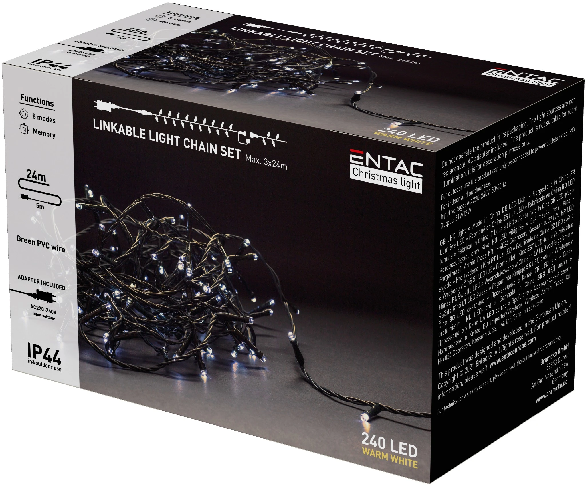 Entac Karácsonyi IP44 240 LED Sorolható Füzér WW 24m szett adapterrel ECL-240-WW-LSA | KÜLÖN CSOMAG |