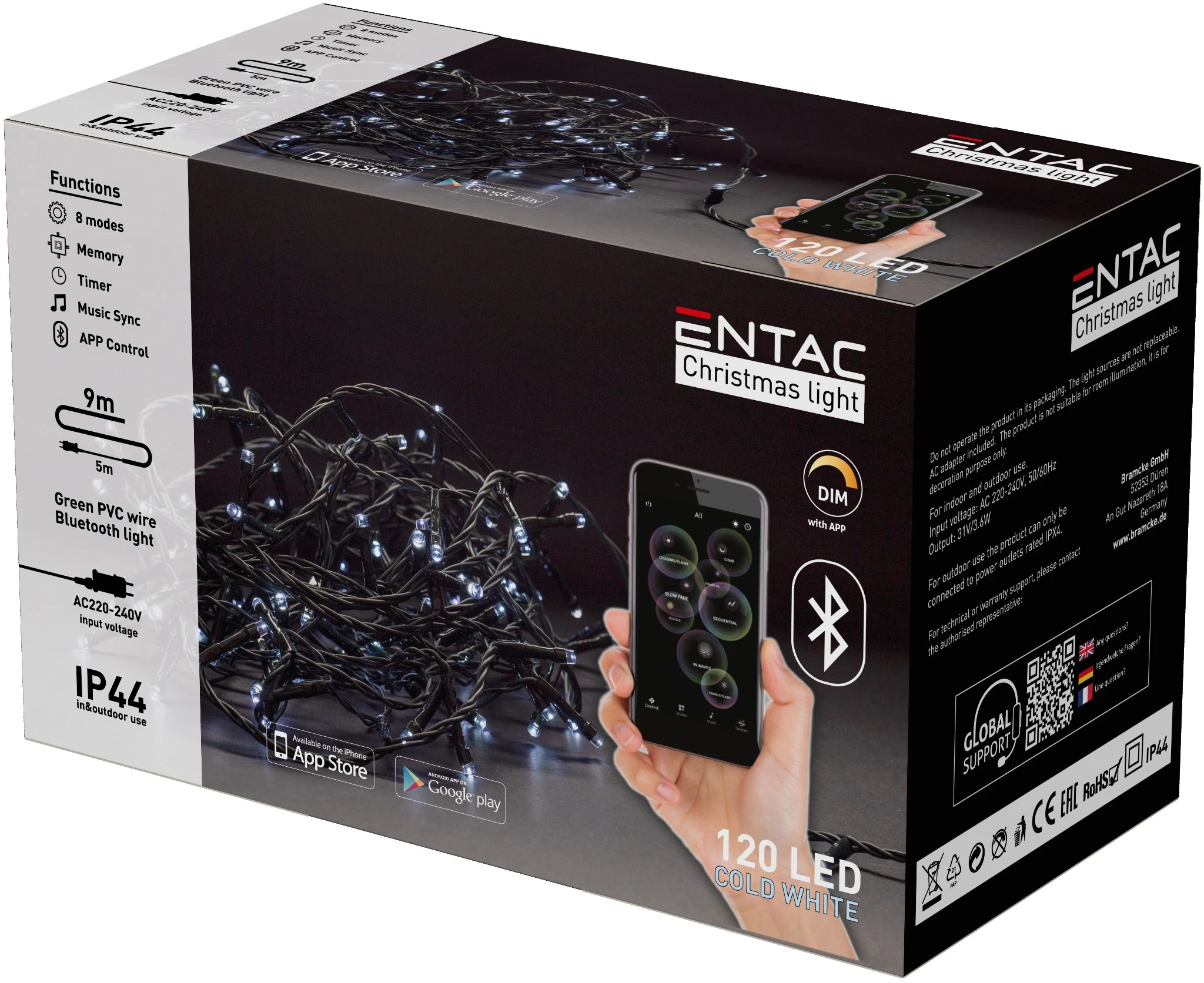 Entac Karácsonyi IP44  Fényfüzér 120 LED CW 9m BT aplikáció ECL-BT-120CW | KÜLÖN CSOMAG |