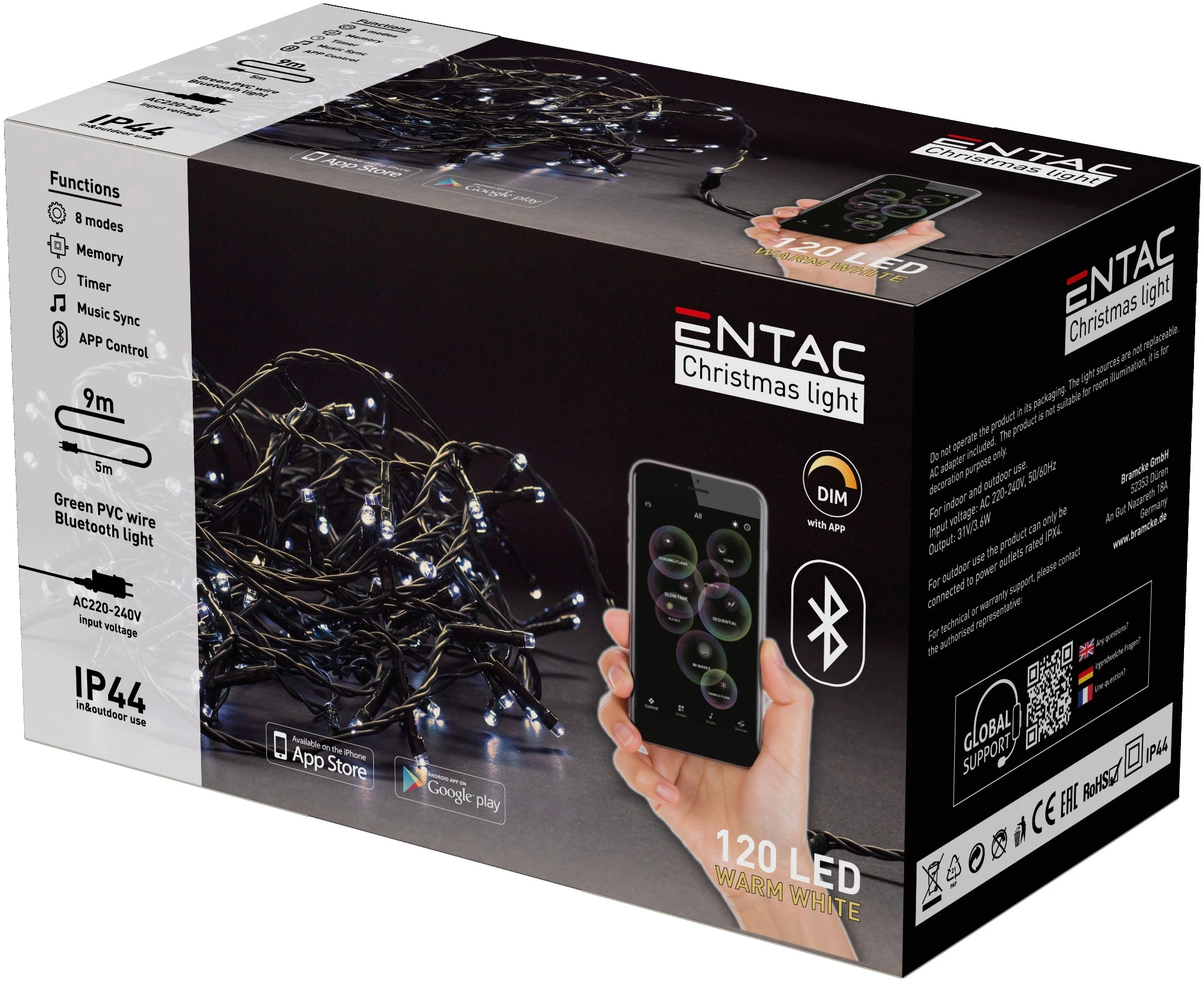 Entac Karácsonyi IP44  Fényfüzér 120 LED WW 9m BT aplikáció ECL-BT-120WW | KÜLÖN CSOMAG |