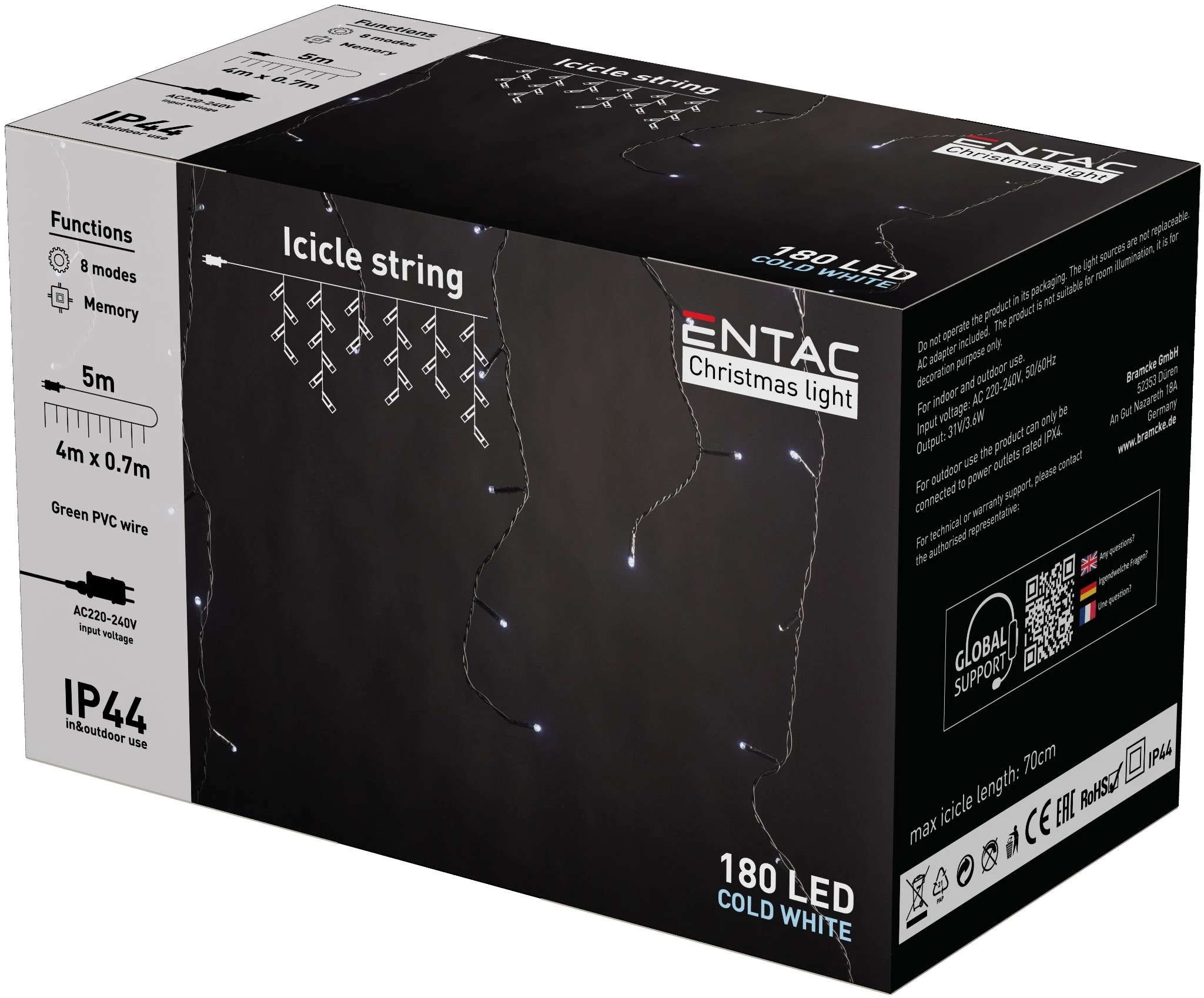 Entac Karácsonyi IP44 180 LED Jégcsapfüzér CW 4m ECL-I180CW | KÜLÖN CSOMAG |