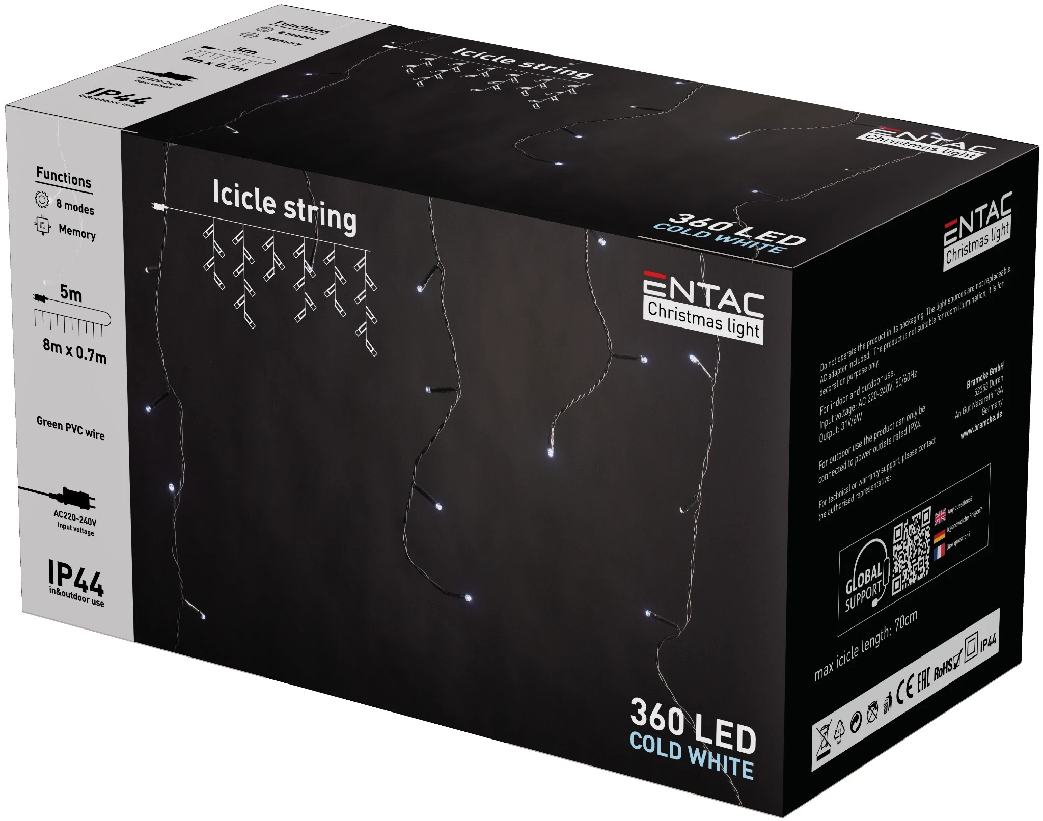 Entac Karácsonyi IP44 360 LED Jégcsapfüzér CW 8m ECL-I360CW | KÜLÖN CSOMAG |