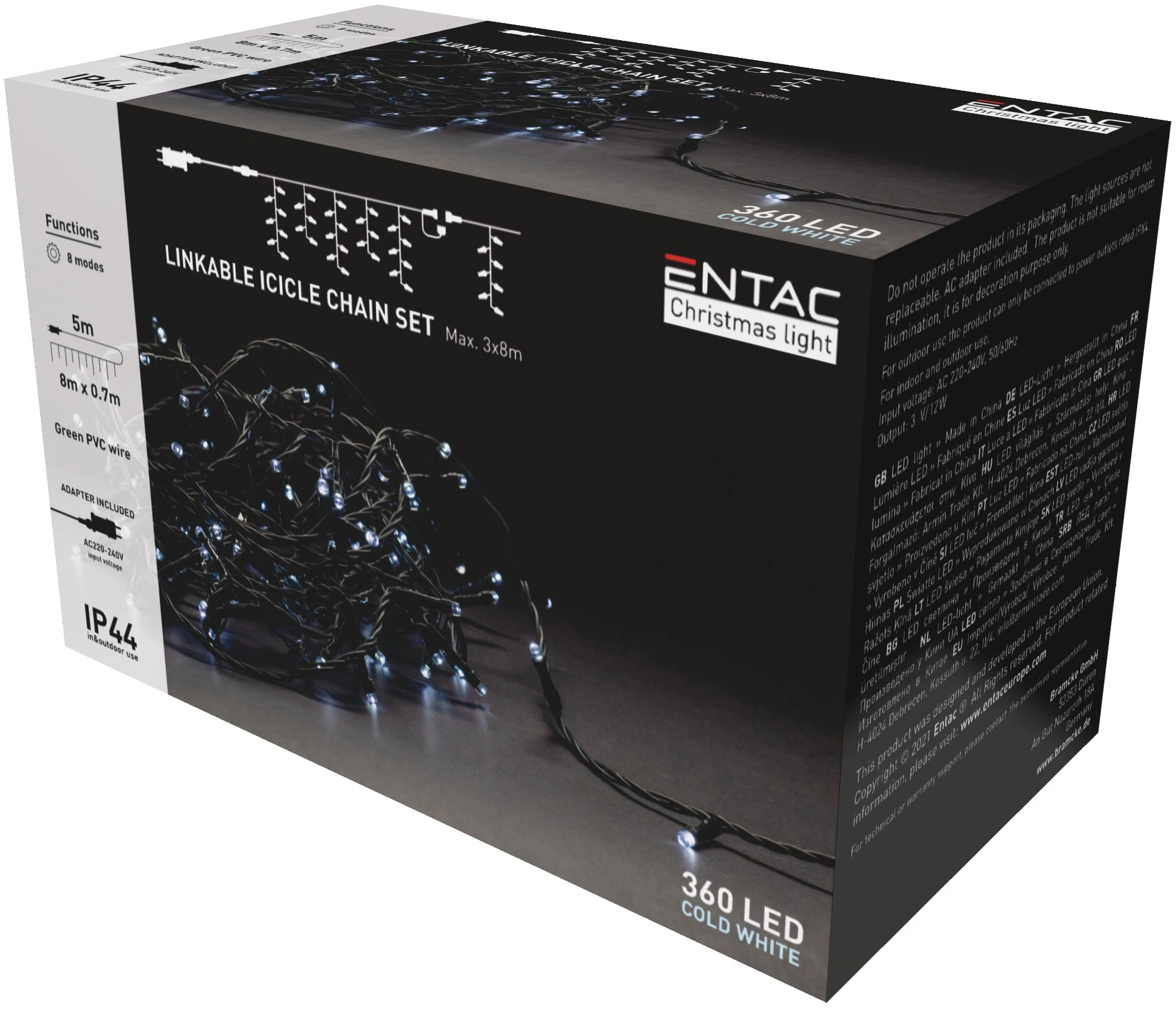 Entac Karácsonyi IP44 360 LED Sorolható Jégcsapfüzér CW 8m szett adapterrel ECL-I360CW-LSA | KÜLÖN CSOMAG |
