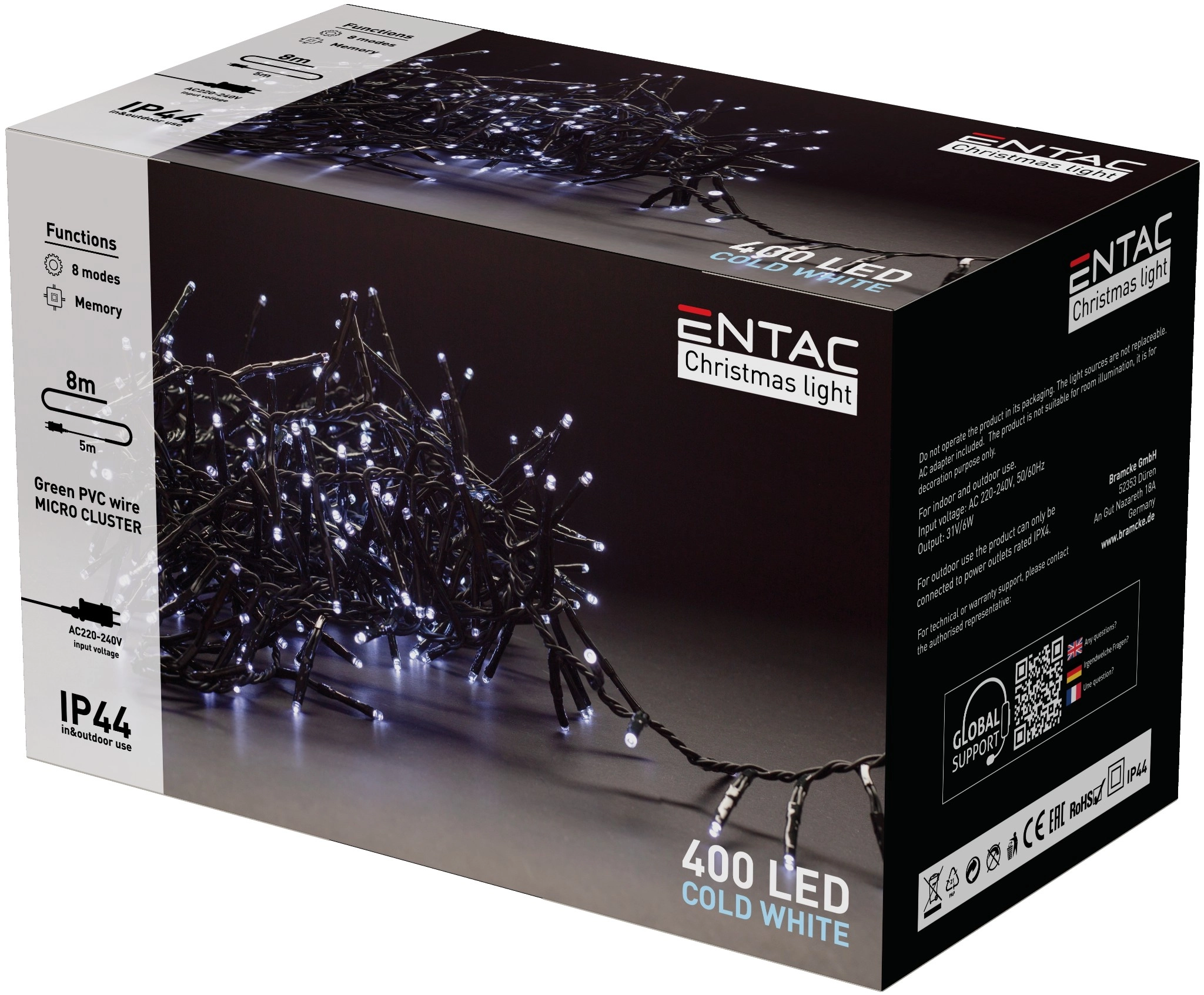 Entac Karácsonyi IP44 400 LED Fürtös Fénysor CW 8m ECL-M400-CW | KÜLÖN CSOMAG |