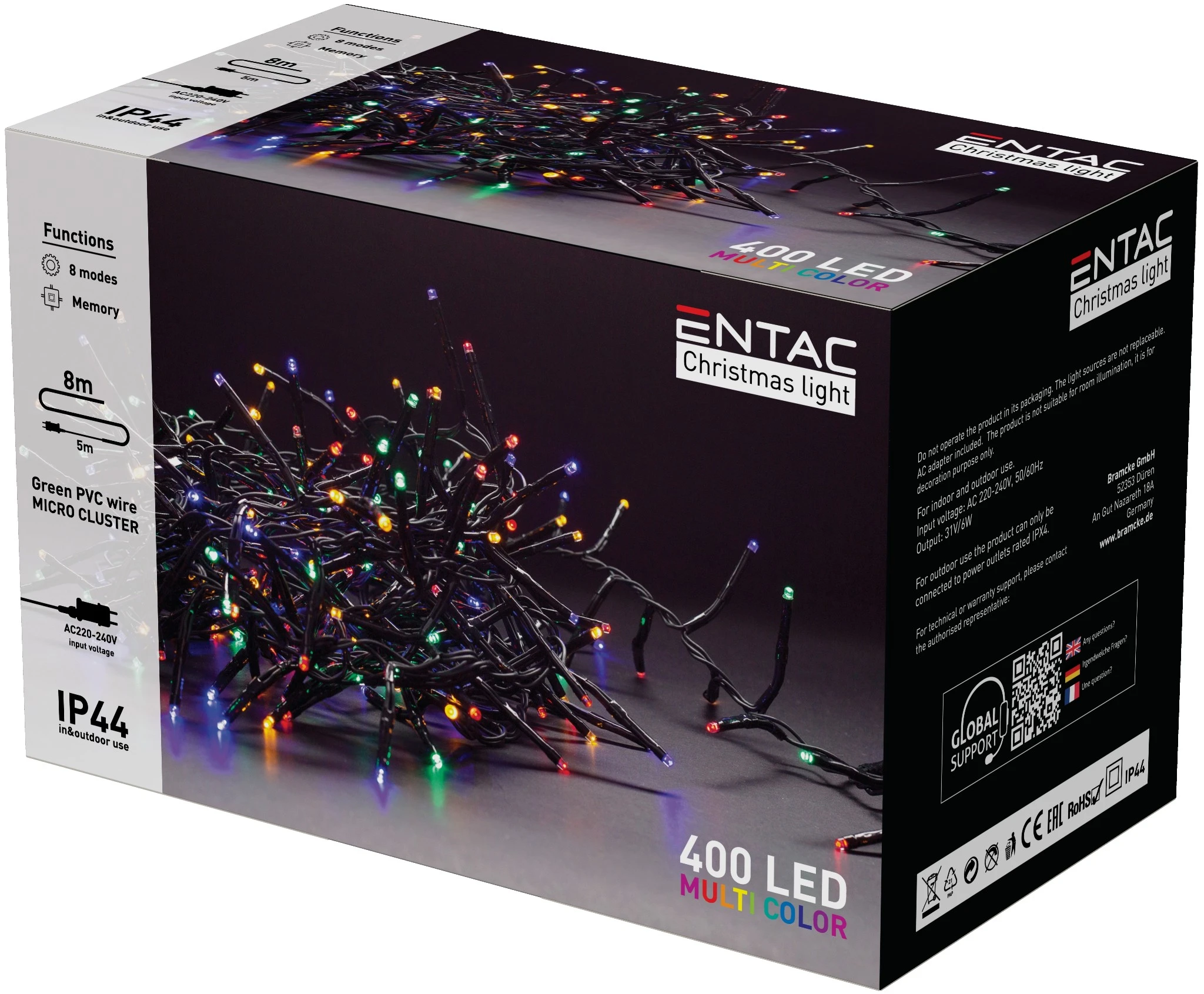 Entac Karácsonyi IP44 400 LED Fürtös Fénysor Színes 8m ECL-M400-MC | KÜLÖN CSOMAG |