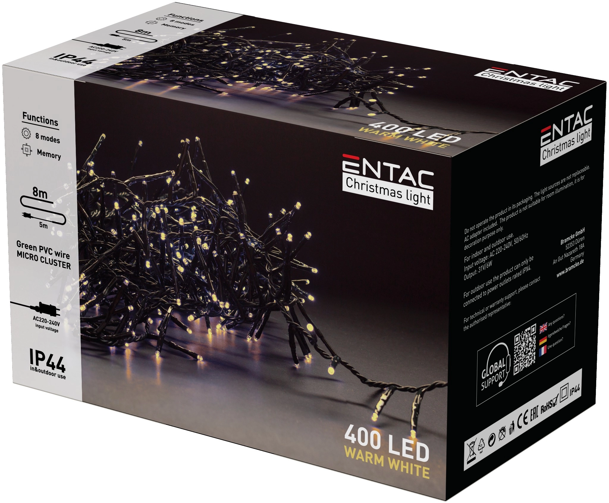 Entac Karácsonyi IP44 400 LED Fürtös Fénysor WW 8m ECL-M400-WW | KÜLÖN CSOMAG |