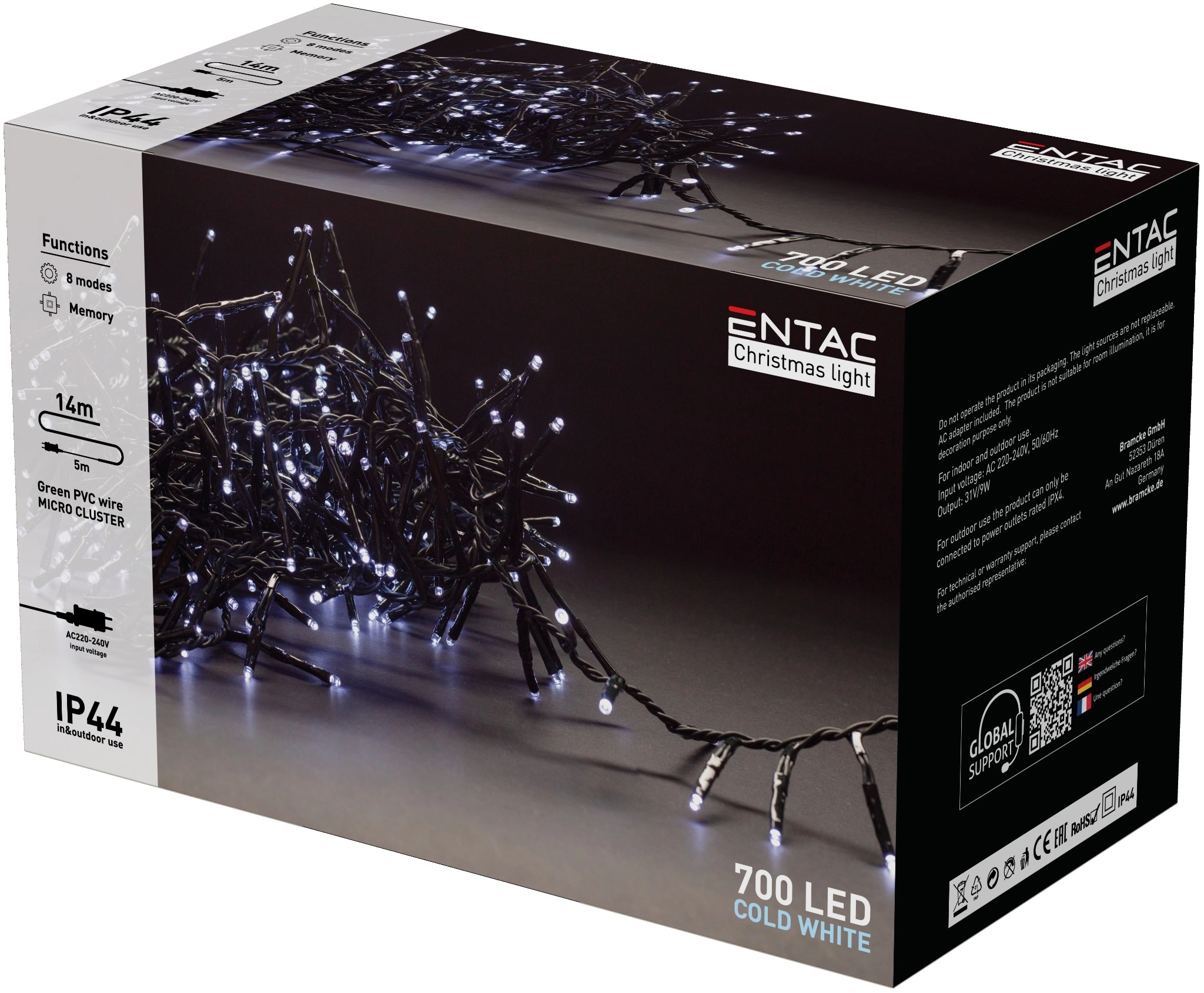 Entac Karácsonyi IP44 700 LED Fürtös Fénysor CW 14m ECL-M700CW | KÜLÖN CSOMAG |