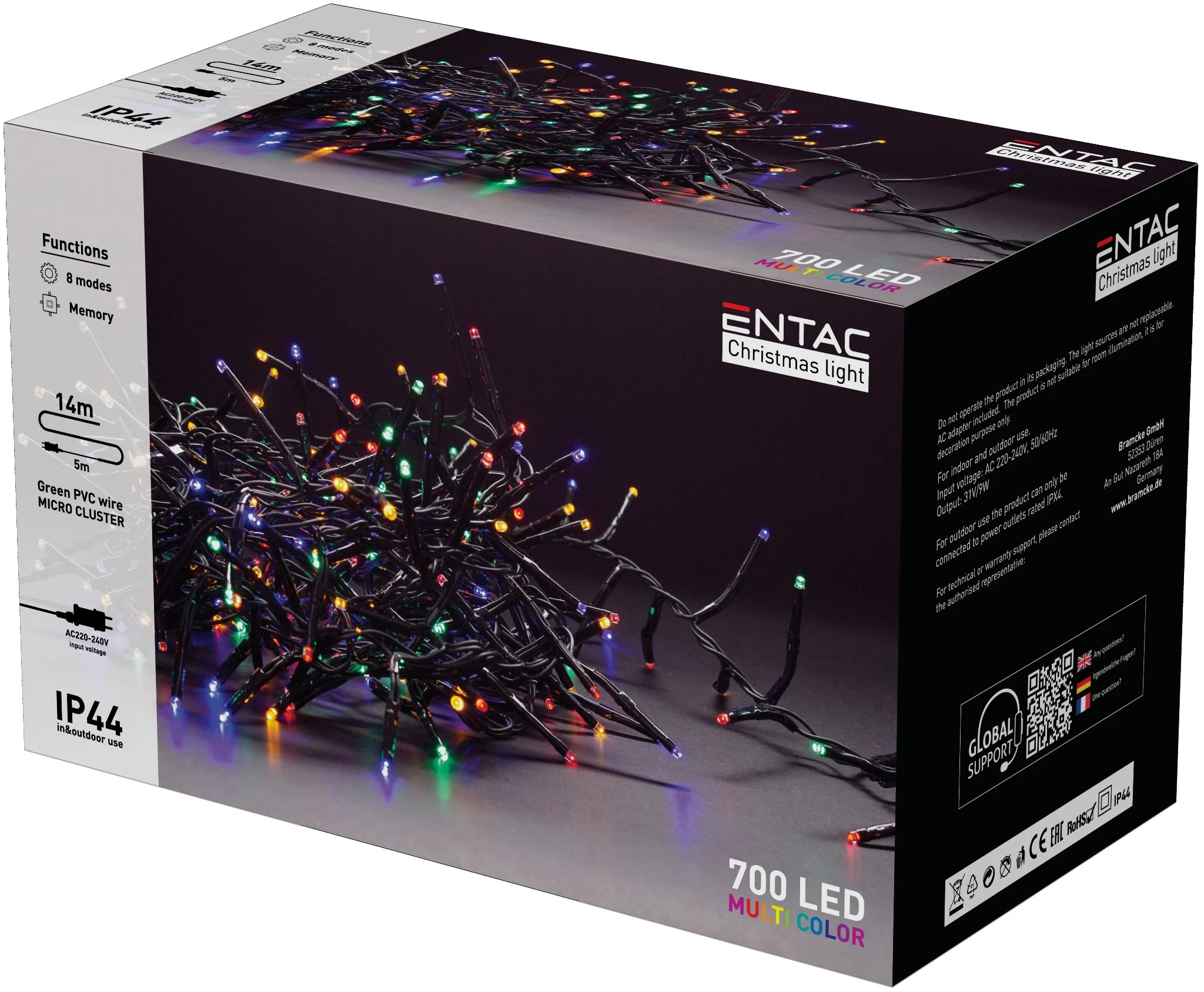 Entac Karácsonyi IP44 700 LED Fürtös Fénysor Színes 14m ECL-M700MC | KÜLÖN CSOMAG |