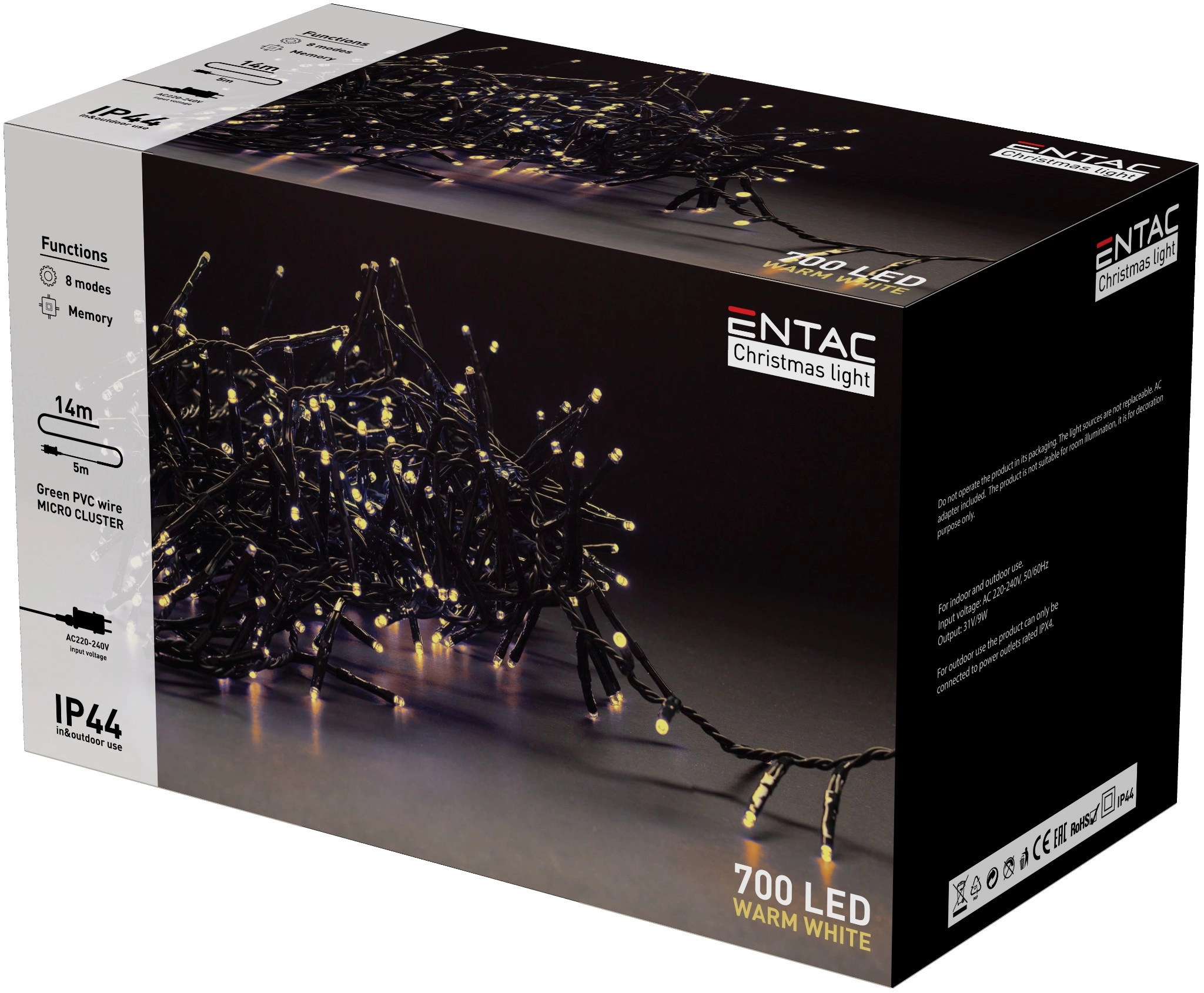Entac Karácsonyi IP44 700 LED Fürtös Fénysor WW 14m ECL-M700WW | KÜLÖN CSOMAG |