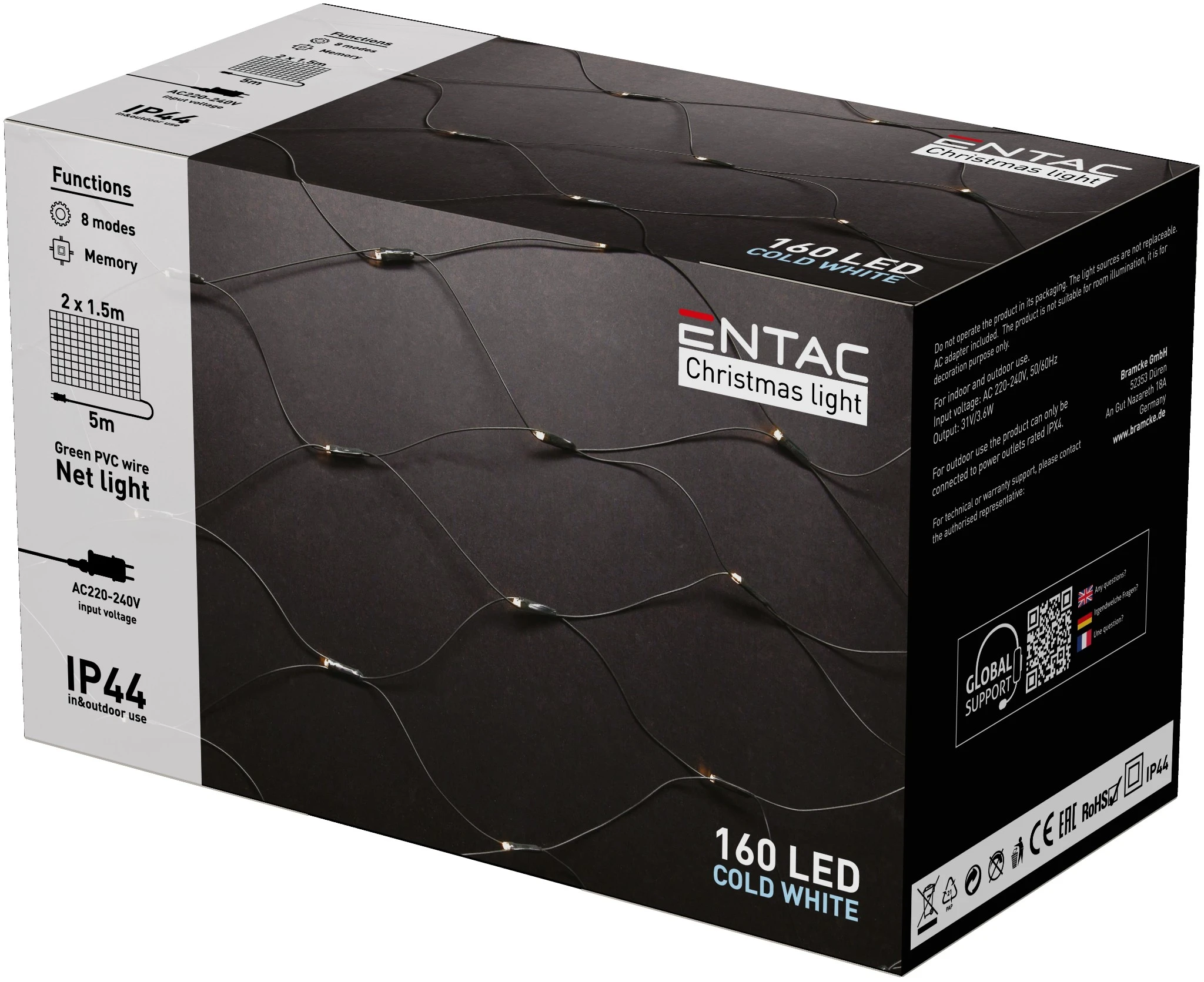 Entac Karácsonyi IP44  Háló 160 LED 2m x 1,5m CW ECL-NET-160-CW | KÜLÖN CSOMAG |