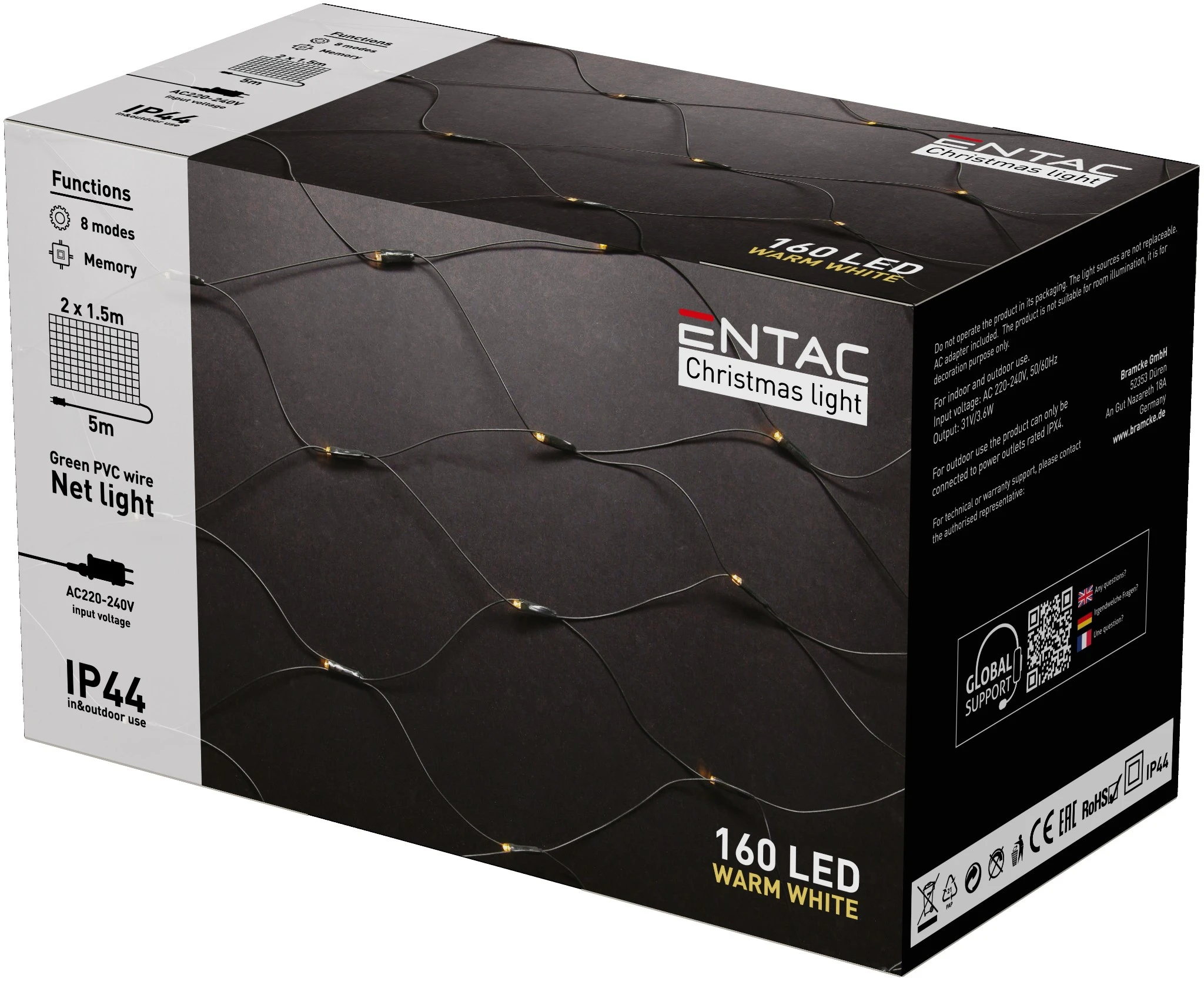 Entac Karácsonyi IP44  Háló 160 LED 2m x 1,5m WW ECL-NET-160-WW | KÜLÖN CSOMAG |