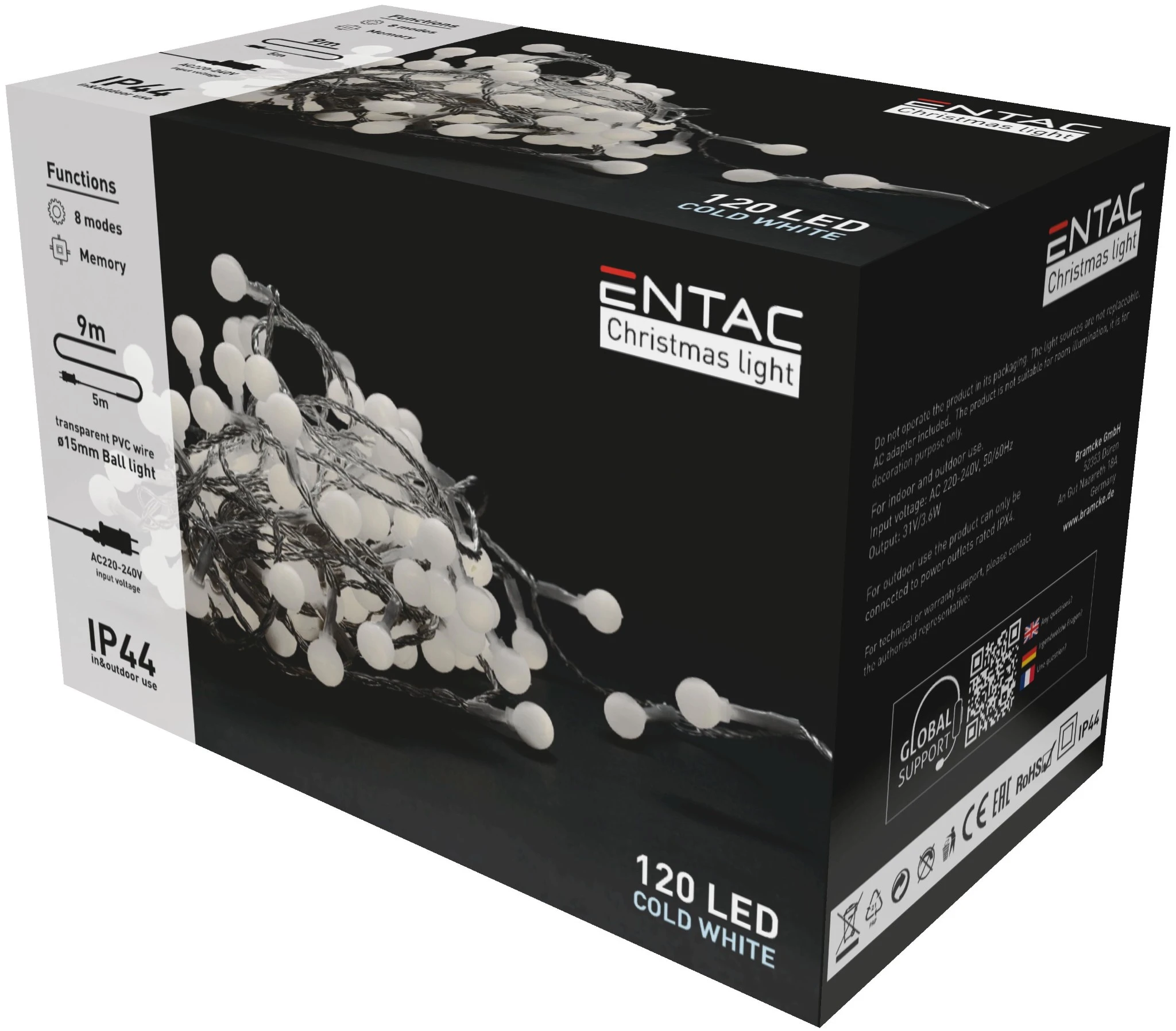 Entac Karácsonyi IP44  Fényfüzér 15mm Balls 120 LED 9m CW ECL-PPB-120CW | KÜLÖN CSOMAG |