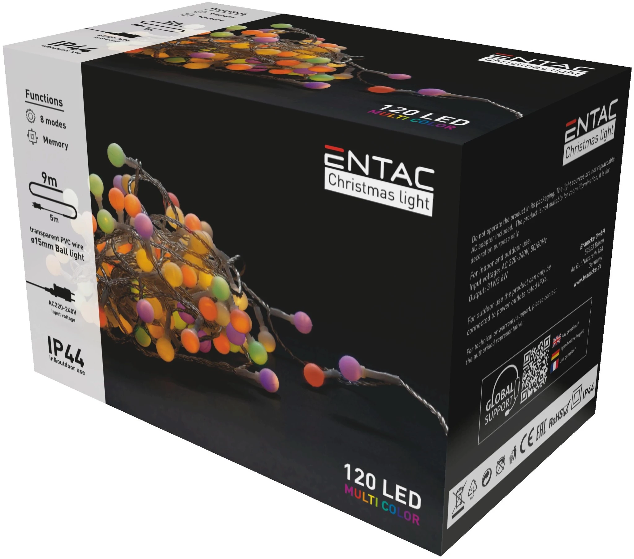 Entac Karácsonyi IP44  Fényfüzér 15mm Balls 120 LED 9m MC ECL-PPB-120MC | KÜLÖN CSOMAG |