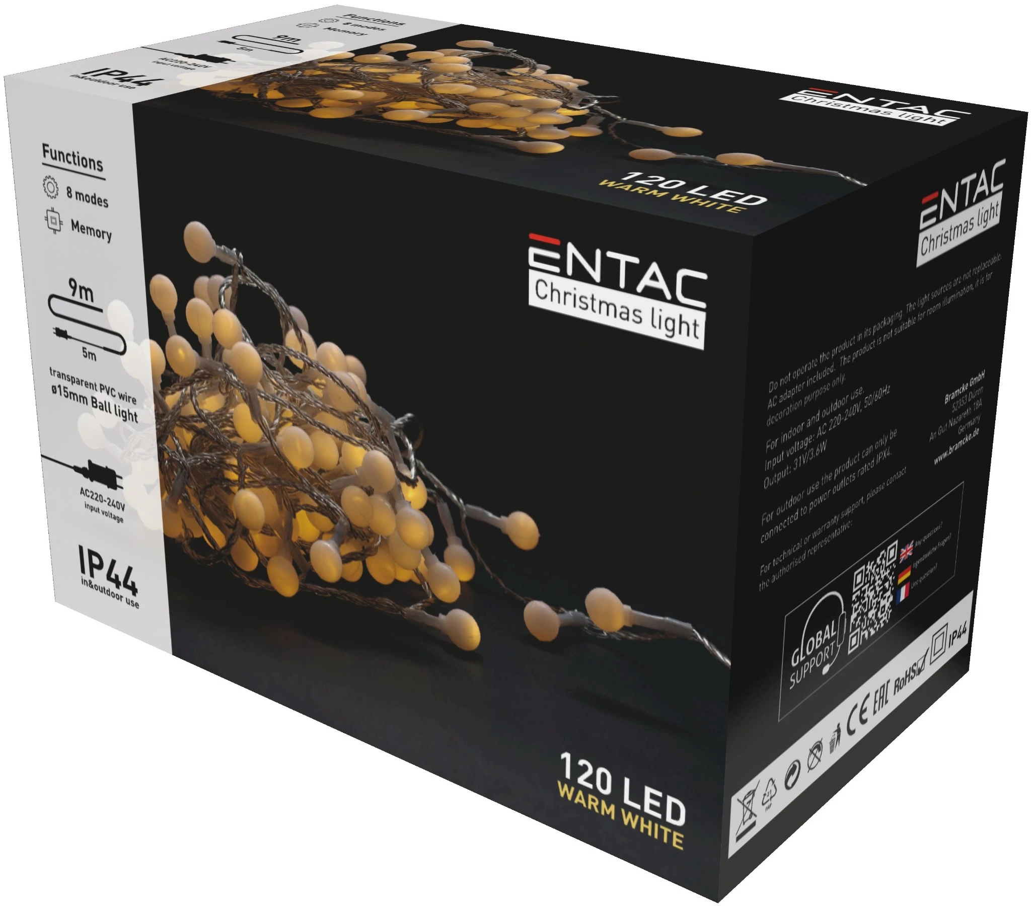 Entac Karácsonyi IP44  Fényfüzér 15mm Balls 120 LED 9m WW ECL-PPB-120WW | KÜLÖN CSOMAG |