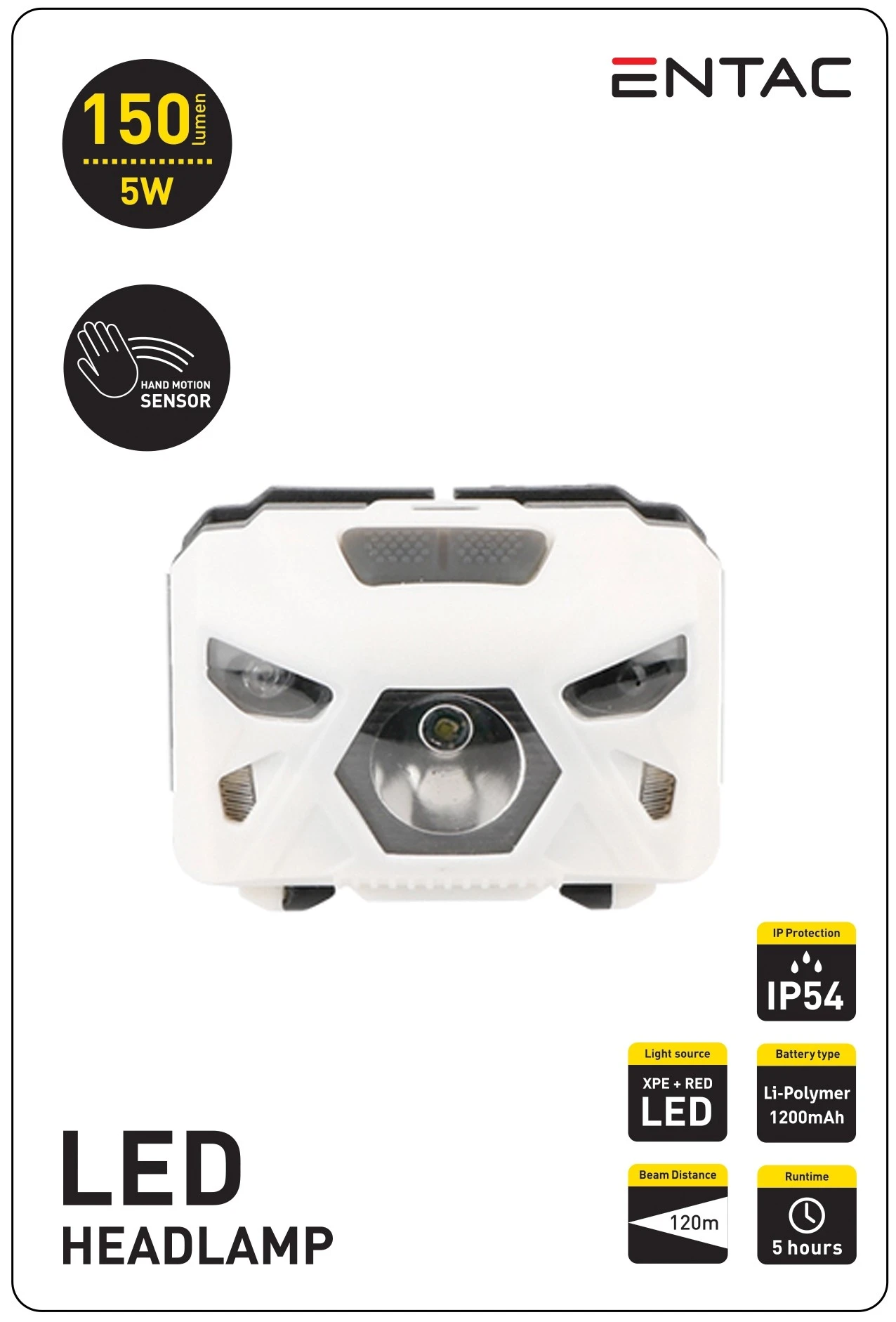 Fejlámpa 5W Szenzoros XPE+Piros fény, Fehér EHL-5W-PW-S | KÜLÖN CSOMAG |