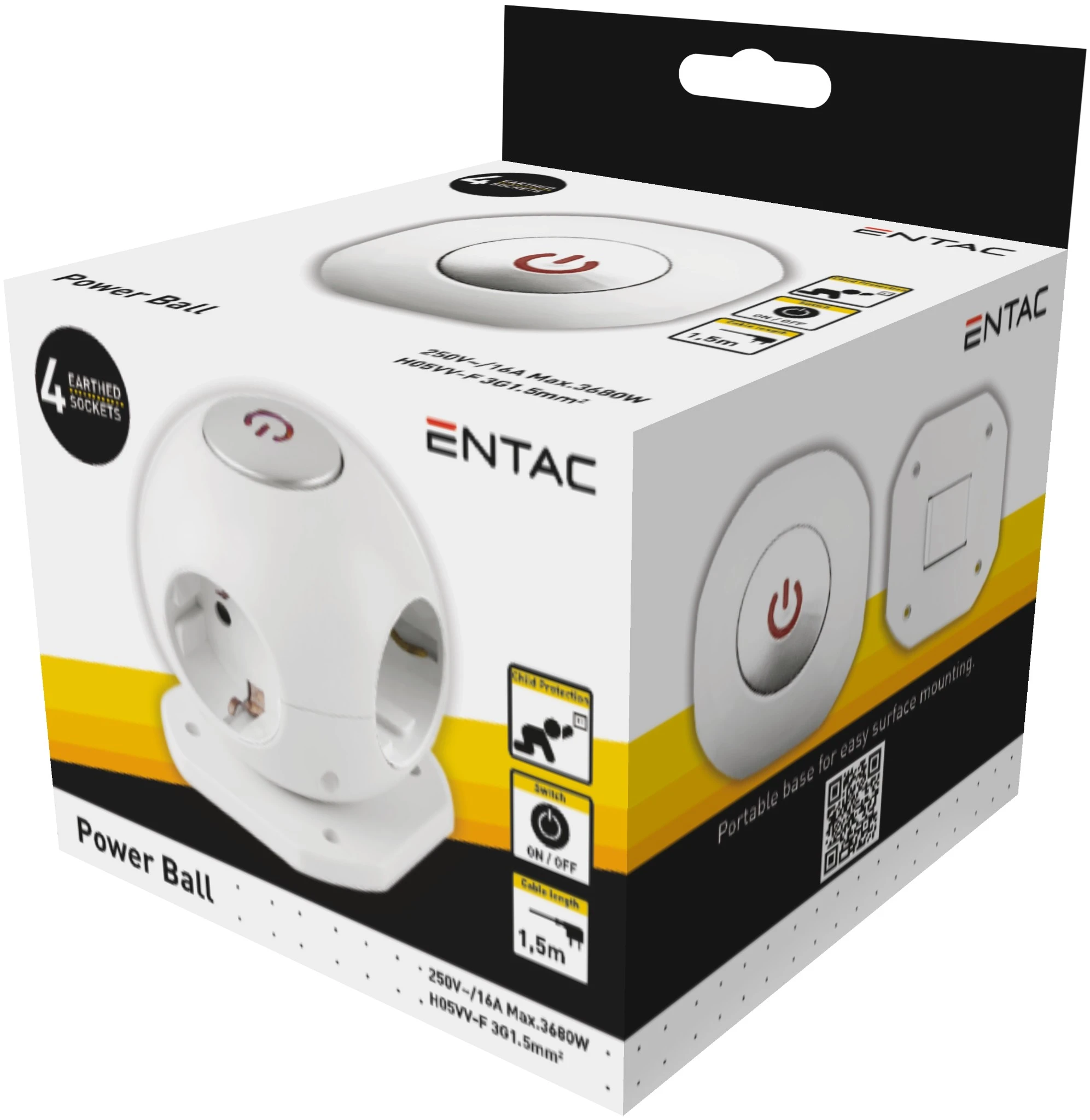 Entac Gömb Elosztó 4 foglalattal, kapcsolóval 1.5m 3G1.5 ESC1.5G3-GLOBE | KÜLÖN CSOMAG |