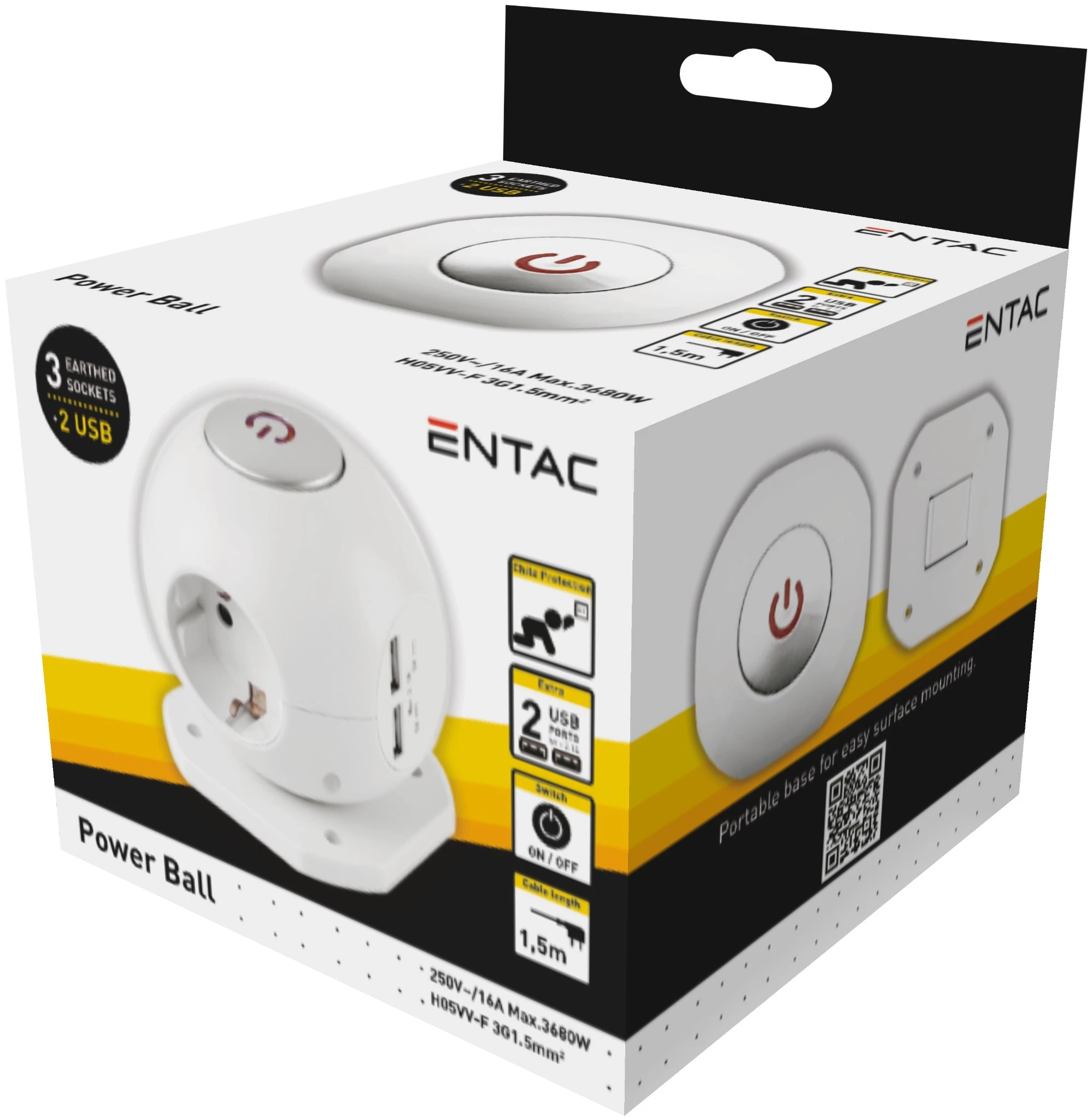 Entac Gömb Elosztó 3 foglalattal, 2×2.1A USB-vel kapcsolóval 1.5m 3G1.5 ESC1.5G3-USB-GLOBE | KÜLÖN CSOMAG |