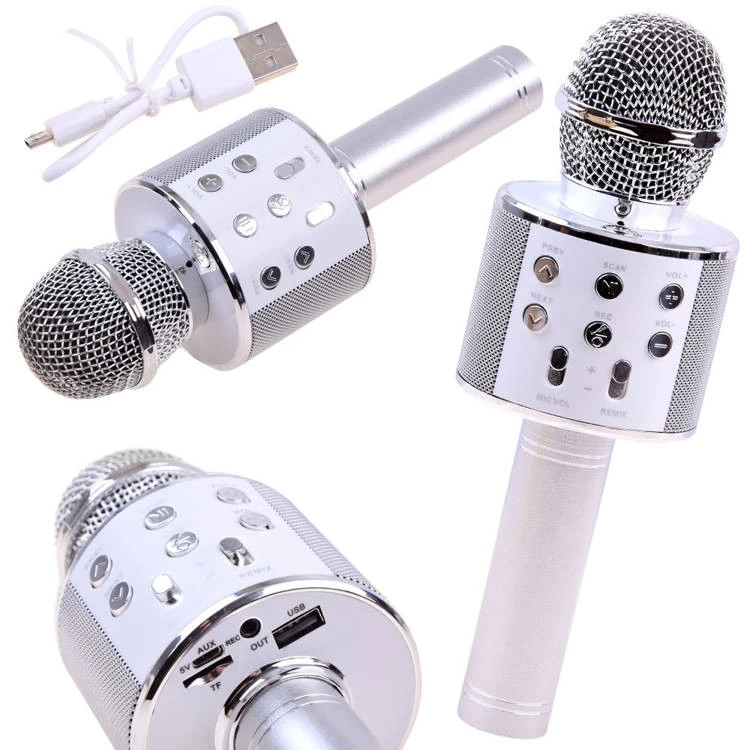 Bluetoothos karaoke mikrofon ezüst színben