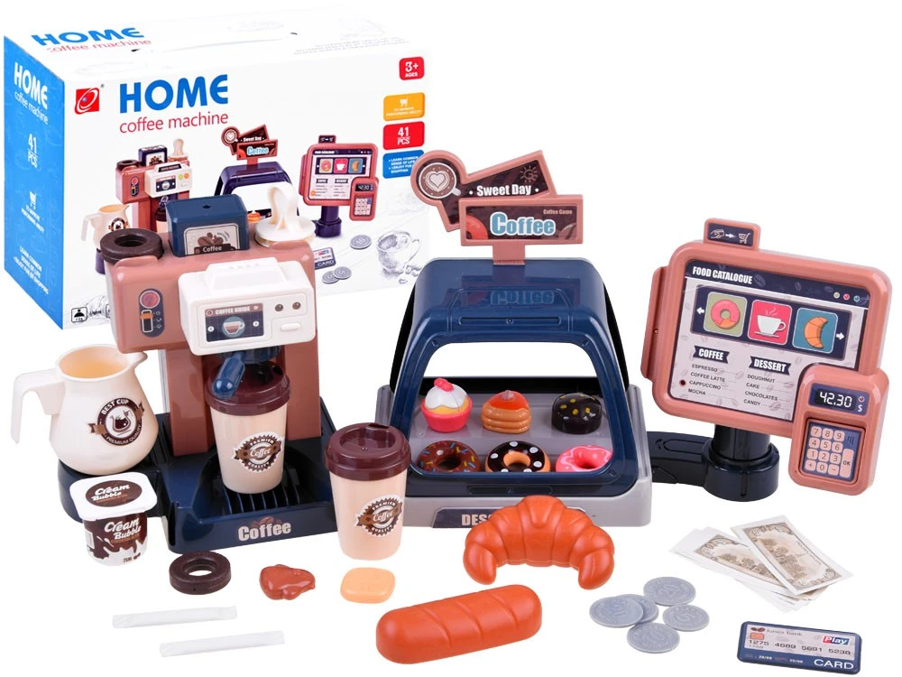41 db-os gyermek kávézó készlet fény- és hanghatásokkal (kávéfőző, pénztár, kávés bögrék, édességek, hitelkártya, bankjegyek és érmék)