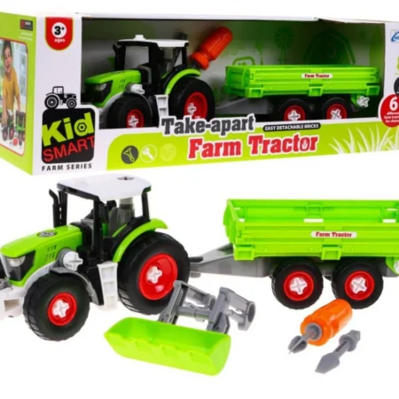 Összeszerelhető traktor vontató pótkocsival zöld színben