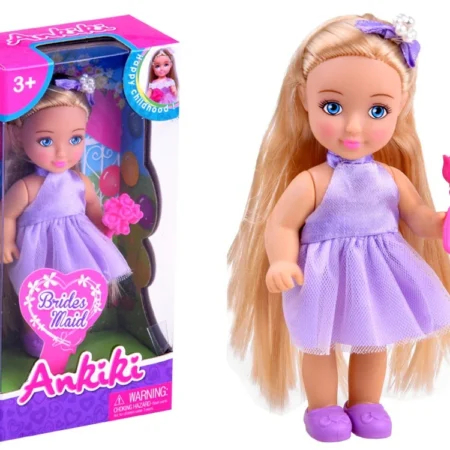 szőke hajú 12 cm es játékbaba csokorral, lila ruhában