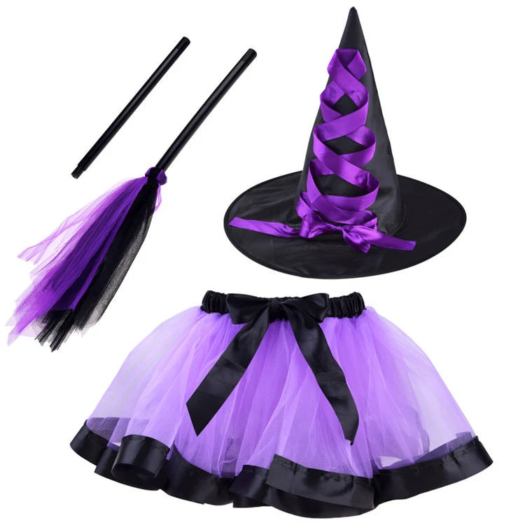 Boszorkány jelmez kalappal és seprűvel lila színben 3-6 éves korig