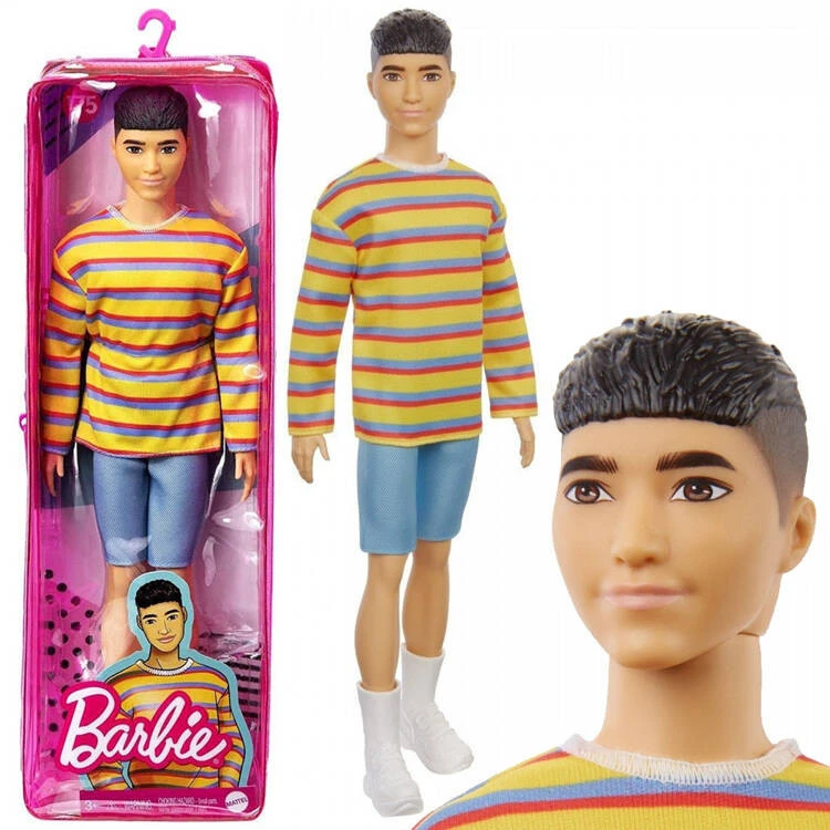 Ken Barbie stílusos csíkos pulcsiban és rövidnadrágban – 30 cm