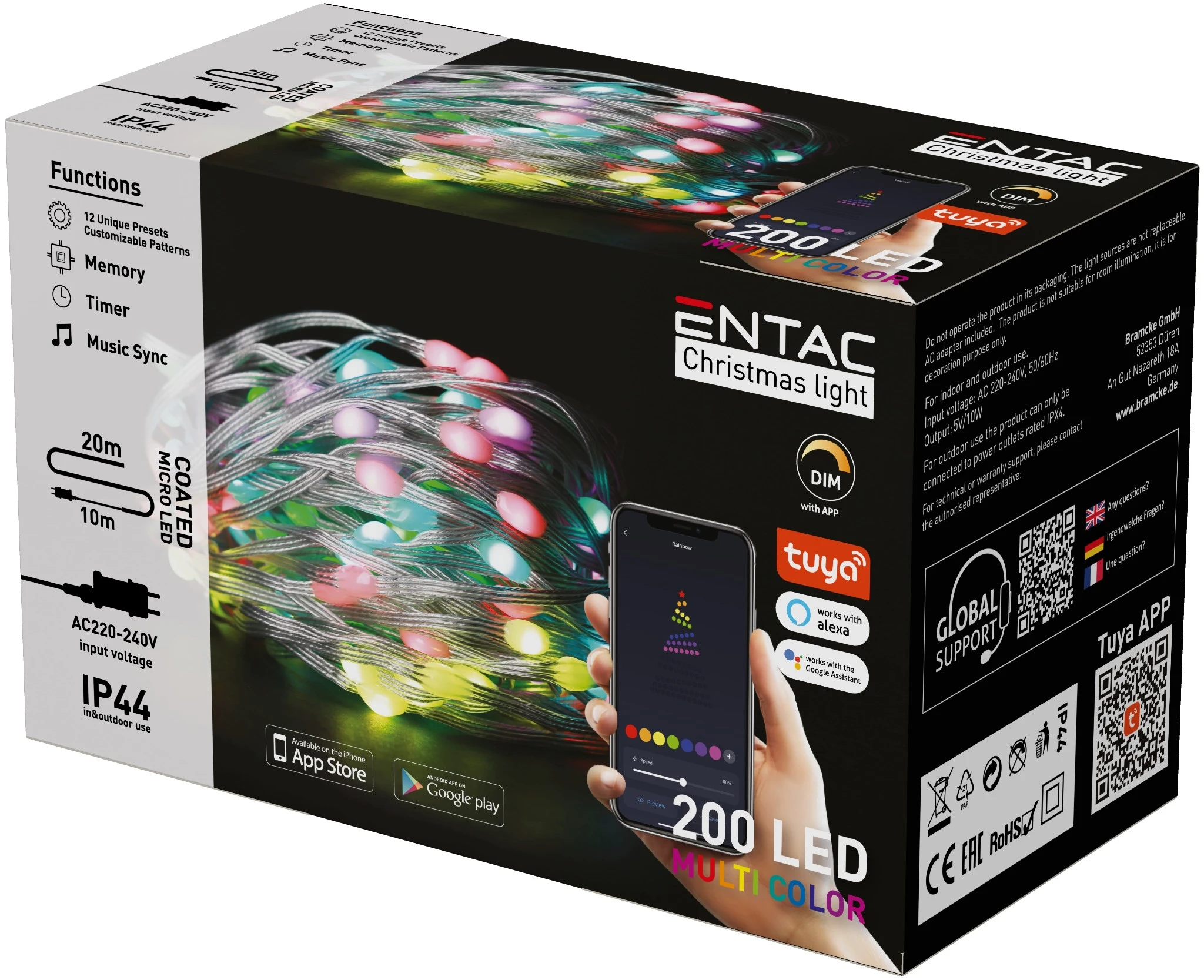 Entac Karácsonyi IP44 200 LED Füzér MC Tuya APP ECL-M200-TY-MC | KÜLÖN CSOMAG |