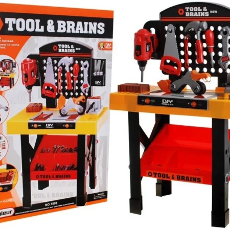 játék műhely munkaasztal, felszerelés, fúró satu kalapács, komplett barkács csomag