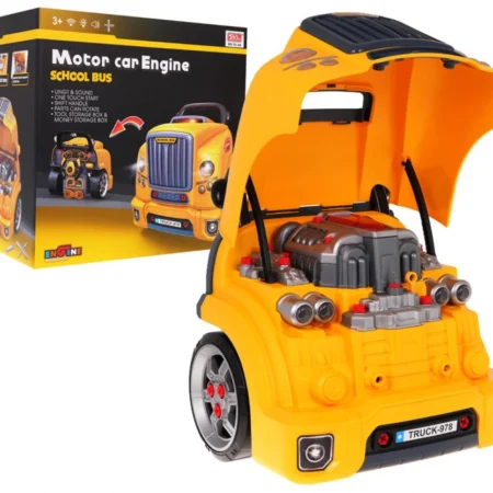 interaktív teherautó emelhető motorháztetővel és műszerfallal sárga