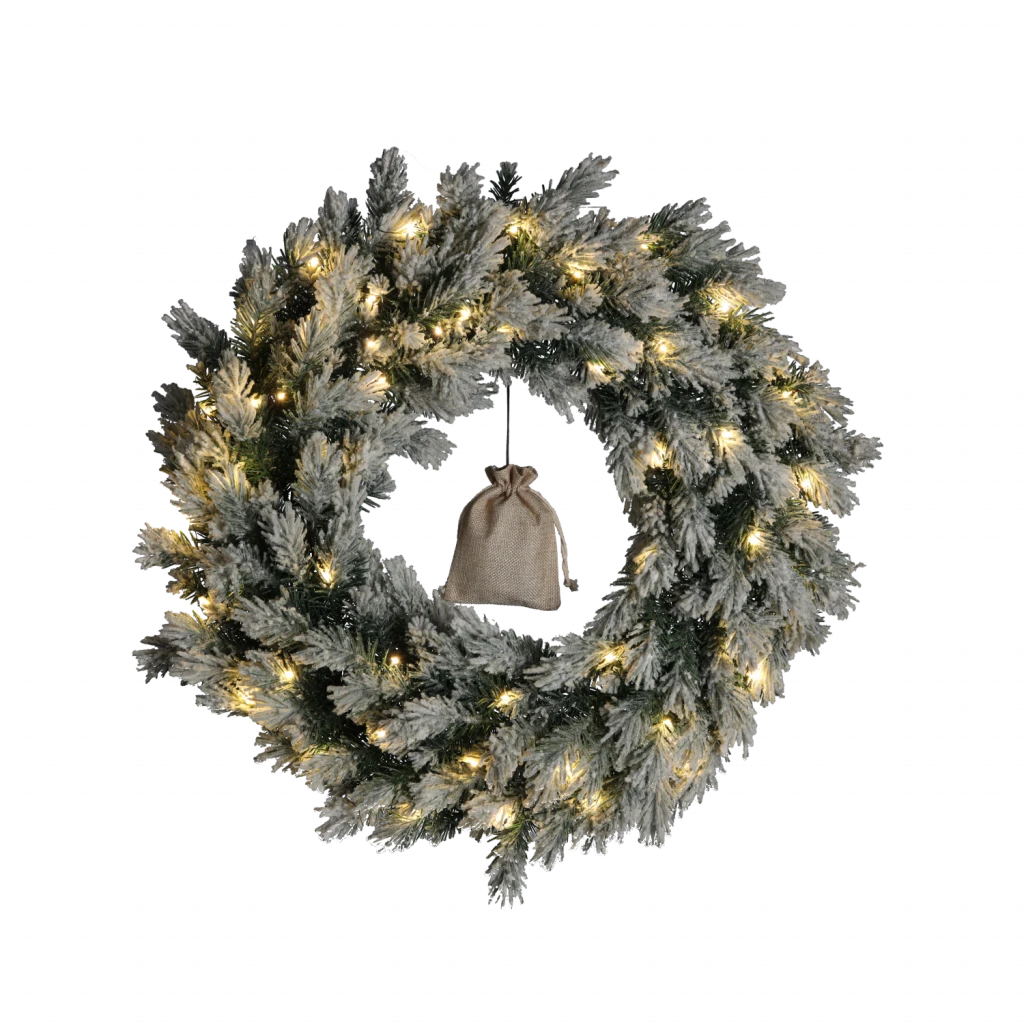 Karácsonyi koszorú 60 cm – havas fenyőágakkal és led fényekkel