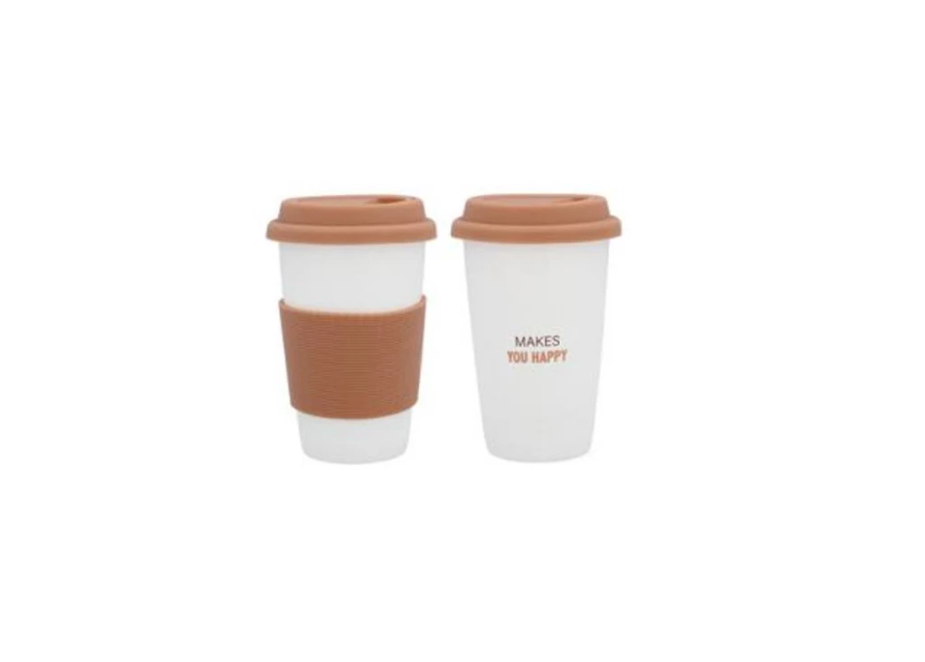 Porcelán utazó kávés pohár, szilikonos fogórésszel- 390ml -fehér/barna