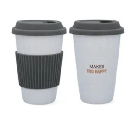 porcelán utazó kávés pohár, szilikonos fogórésszel 390ml szürke/fehér