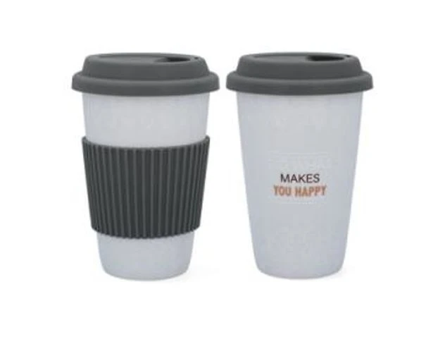 Porcelán utazó kávés pohár, szilikonos fogórésszel- 390ml -szürke/fehér