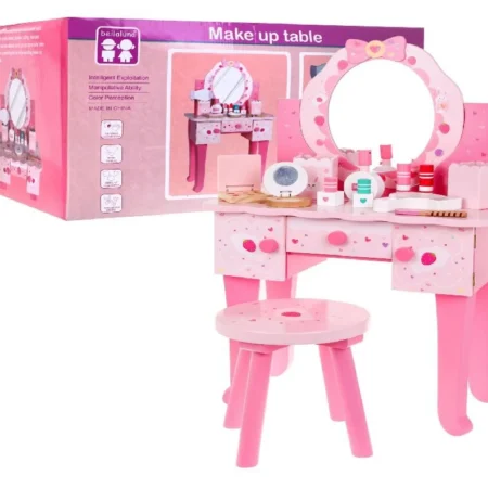 rózsaszín fa fésülködőasztal kis székkel és kiegészítőkkel