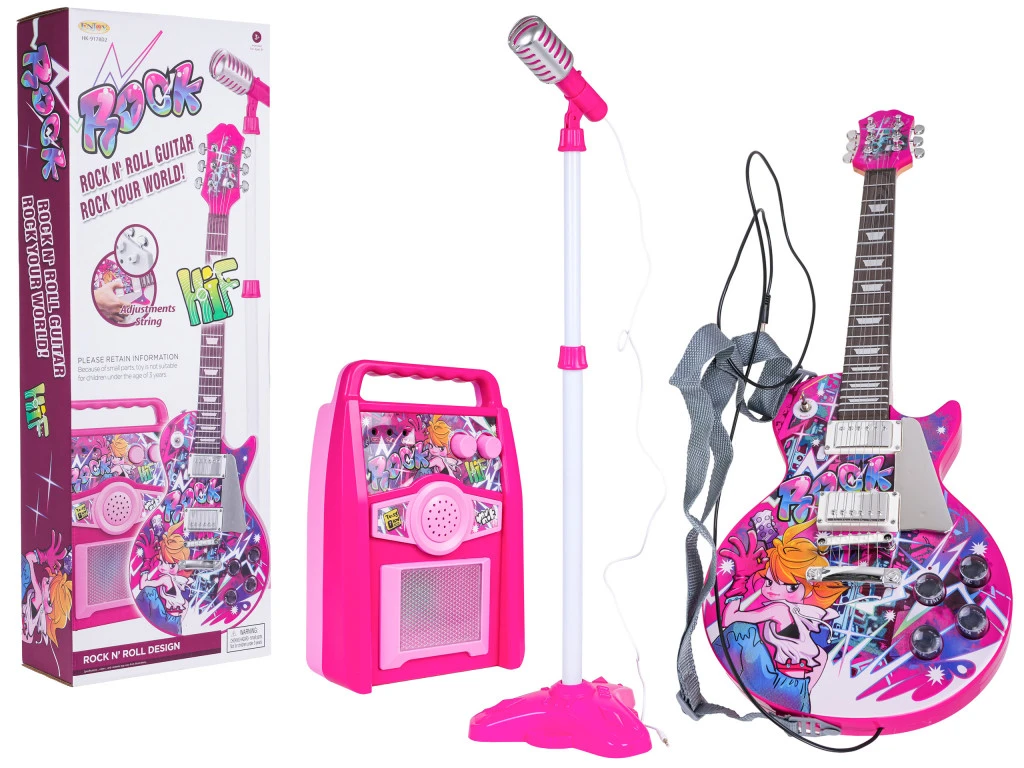 Elektromos rózsaszín gitár erősítővel és mikrofonnal