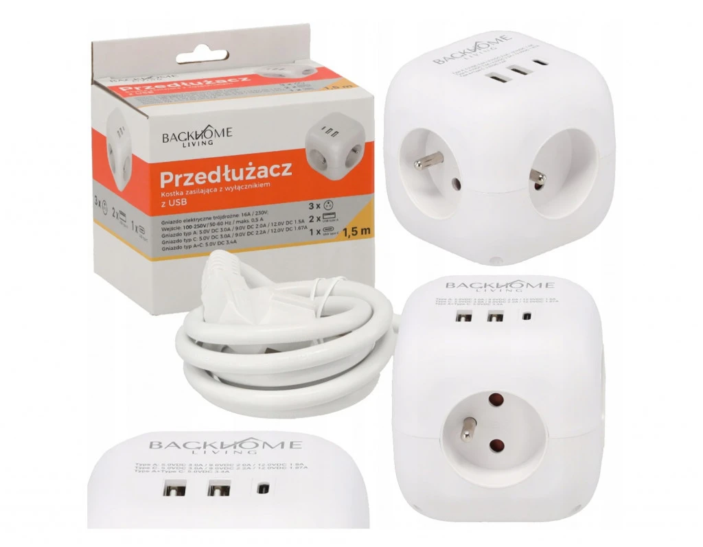Hosszabbítókábel tápkocka 3 x 230 V-os ajzattal és 3 x USB csatlakozóval – 1,5 méter
