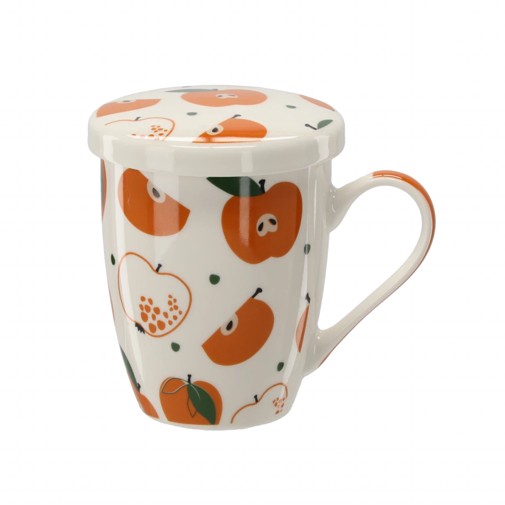 Porcelán bögre fedővel és szűrővel alma mintás 340 ml