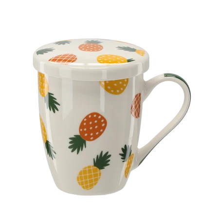 Porcelán bögre fedővel és szűrővel ananász mintás 340 ml