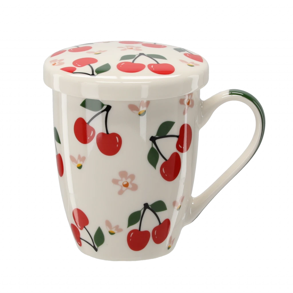 Porcelán bögre fedővel és szűrővel cseresznye mintás 340 ml