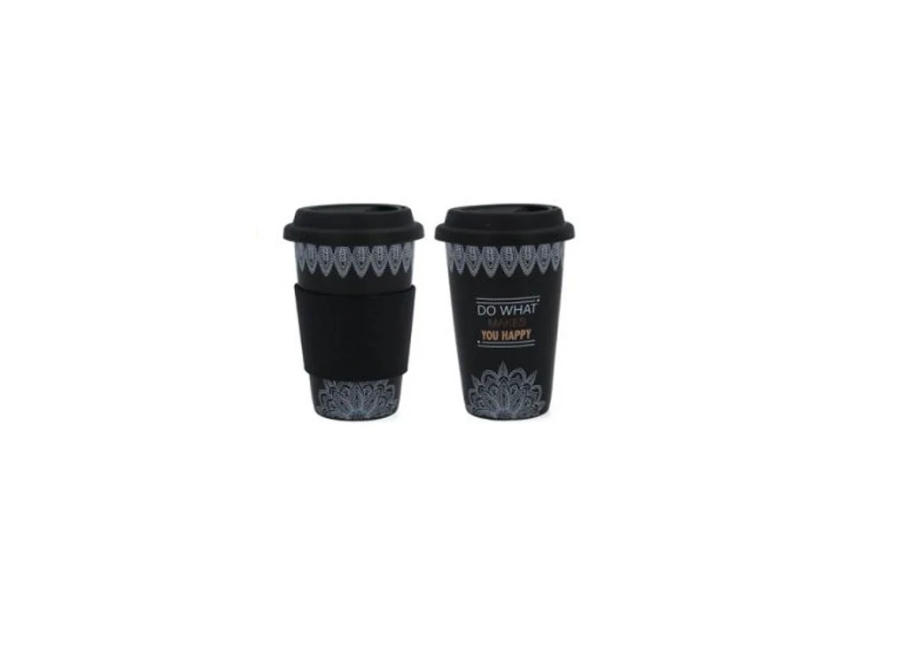 Porcelán utazó kávés pohár, szilikonos fogórésszel- 390ml -fekete