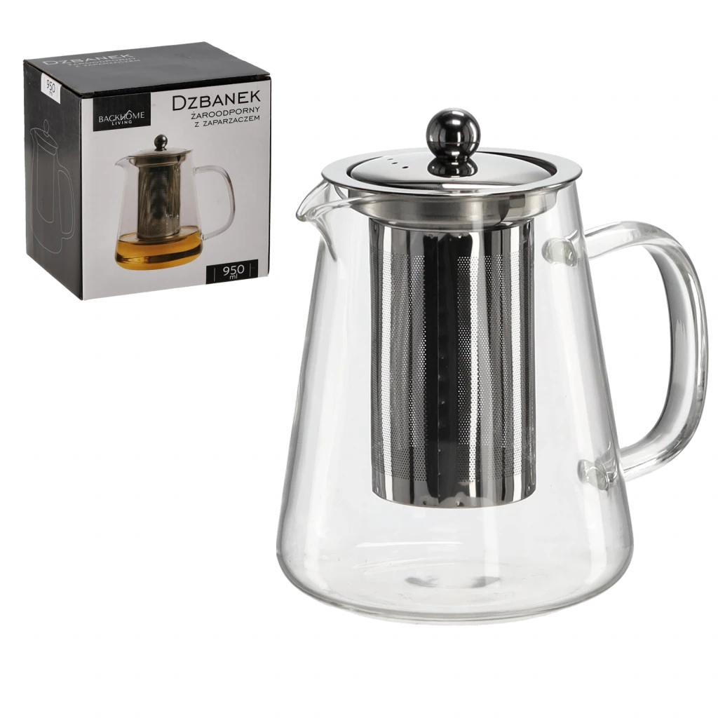 Hőálló üveg teáskanna fém fedéllel és szűrővel – 950 ml