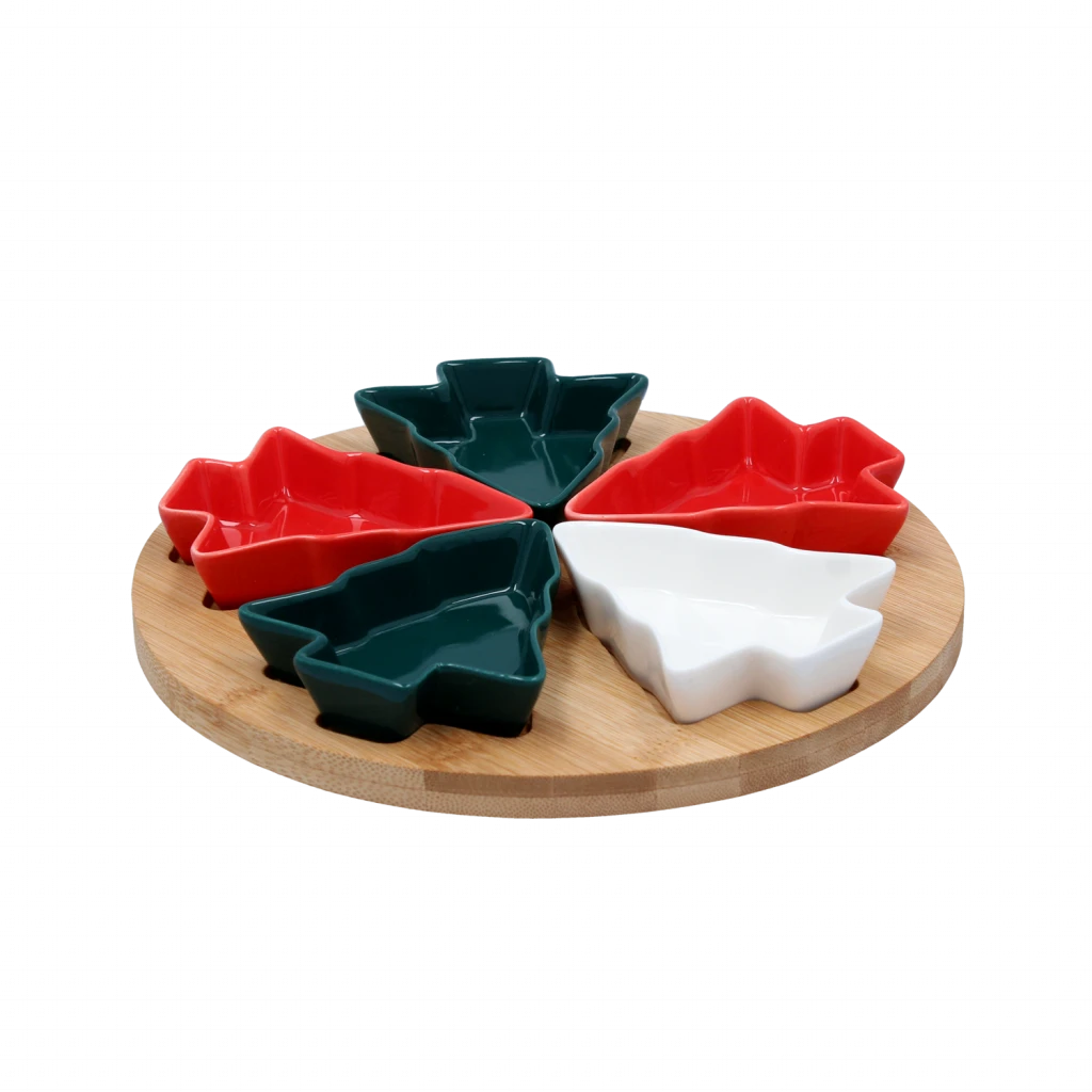 Előétel tálalókészlet – 5 karácsonyfa alakú tál forgó bambusz tálcán