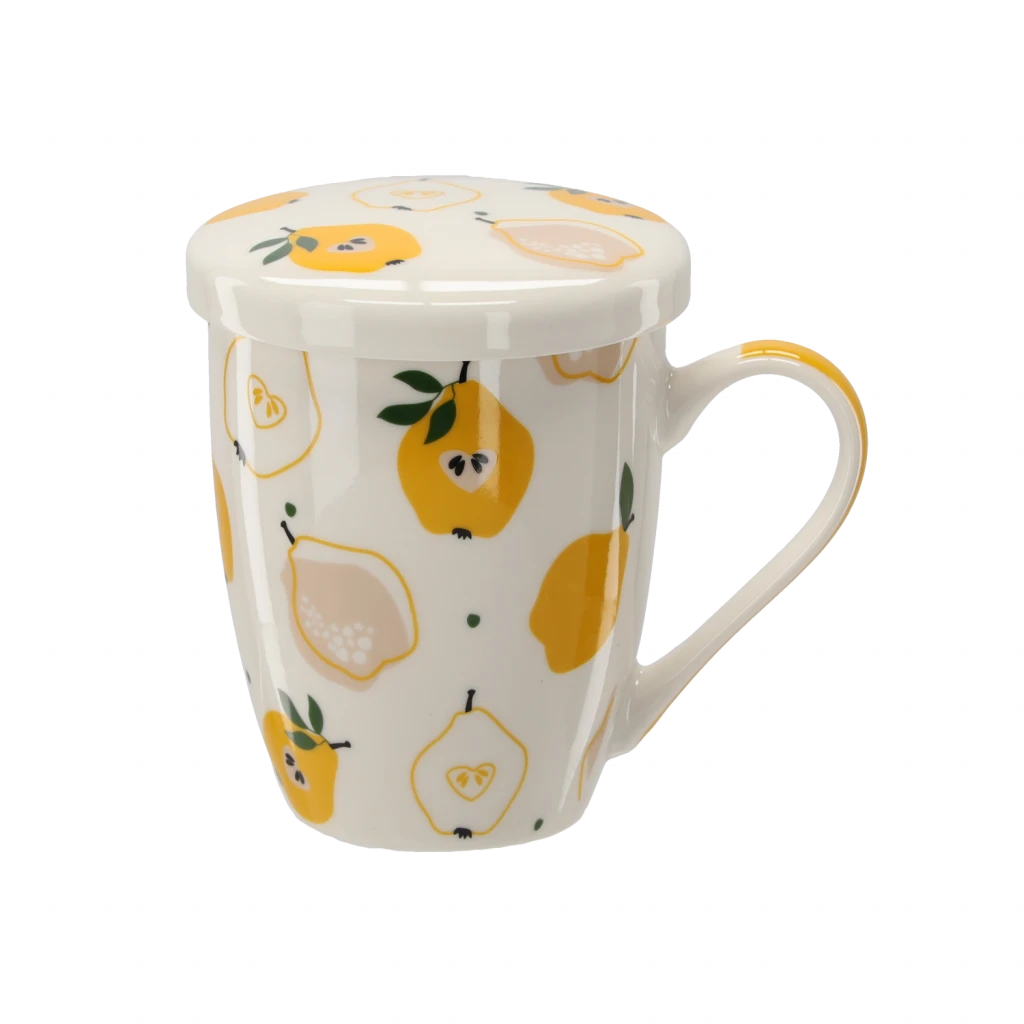 Porcelán bögre fedővel és szűrővel körte mintás 340 ml