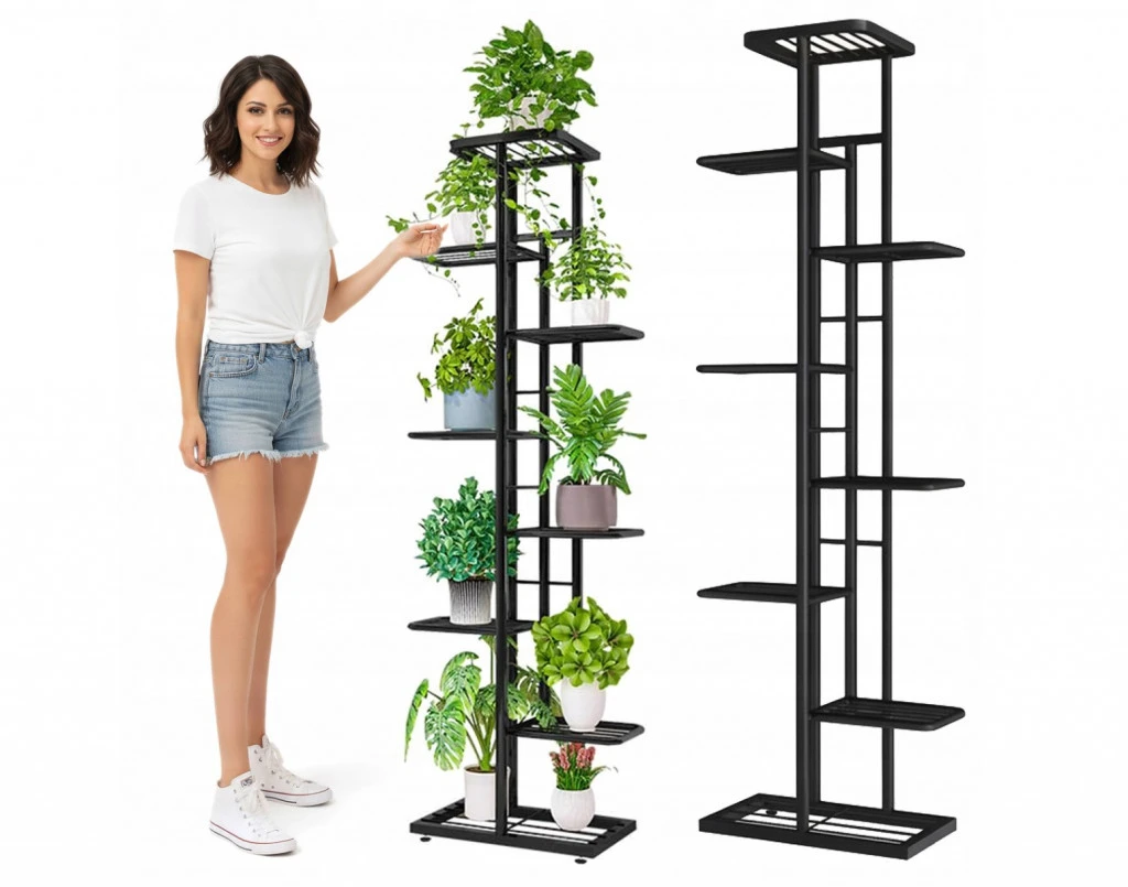 8 szintes virágtartó állvány – fém – fekete – 141 cm