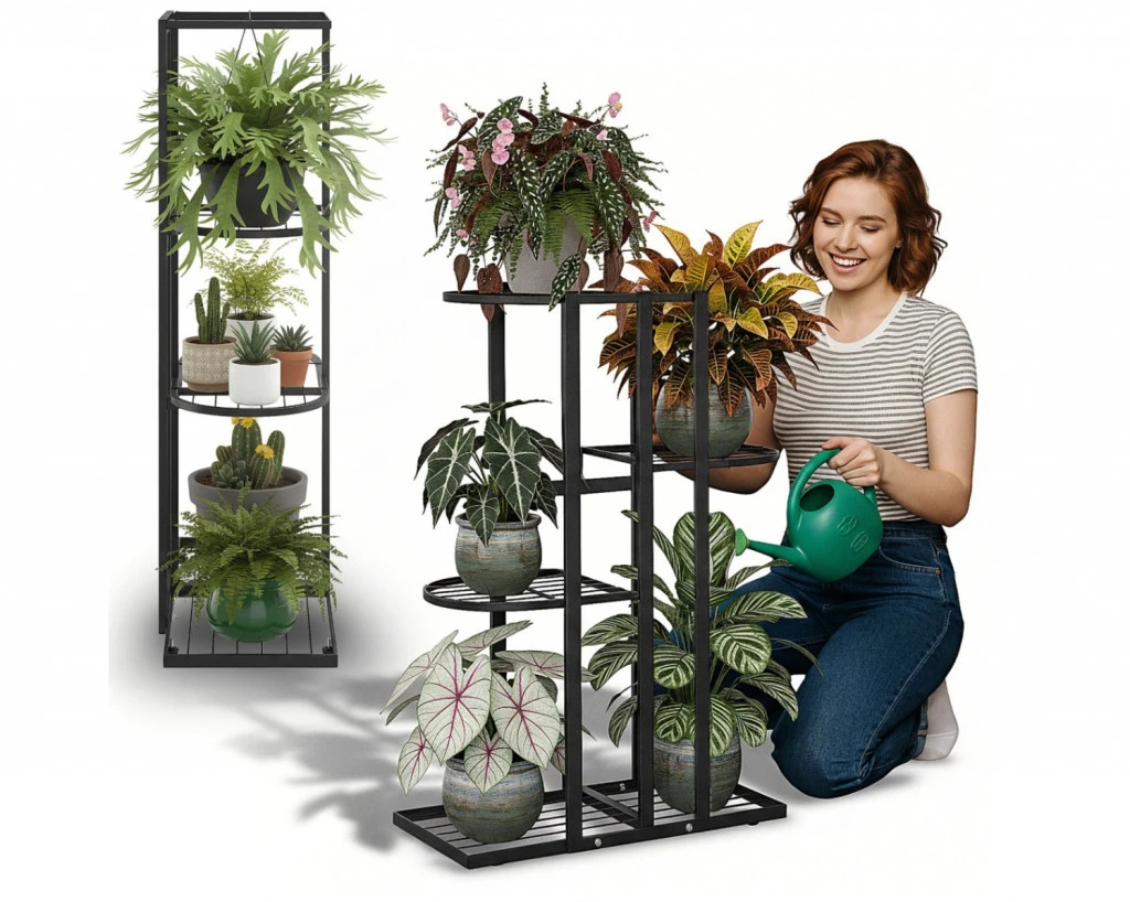 4 szintes virágtartó állvány – fém – fekete – 76 cm