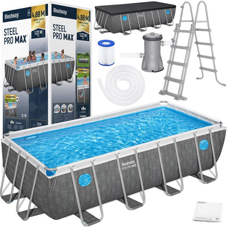 Bestway Splashview fémvázas medence szürke rattan színben – 488 x 244 cm