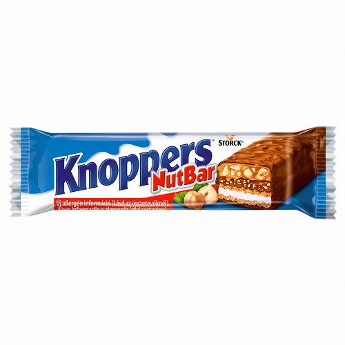Knoppers NutBar tej- és nugátkrémmel, mogyoróval töltött és tejcsokoládéval bevont ostyaszelet 40 g