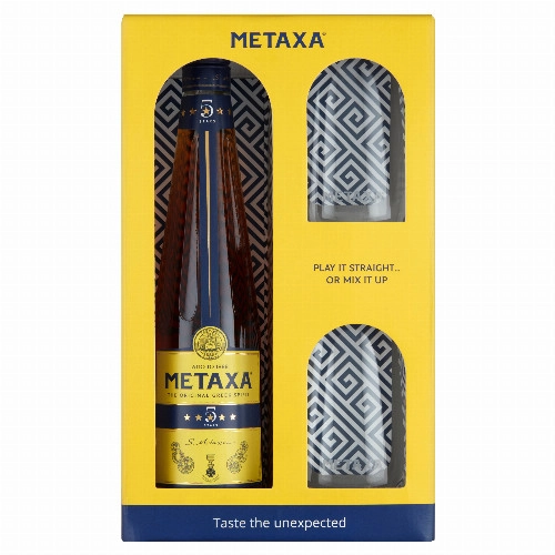 Metaxa 5* szeszes ital díszdobozban 2 pohárral 38% 0,7 l