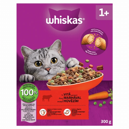 Whiskas 1+ teljes értékű szárazeledel felnőtt macskák számára marhával 300 g