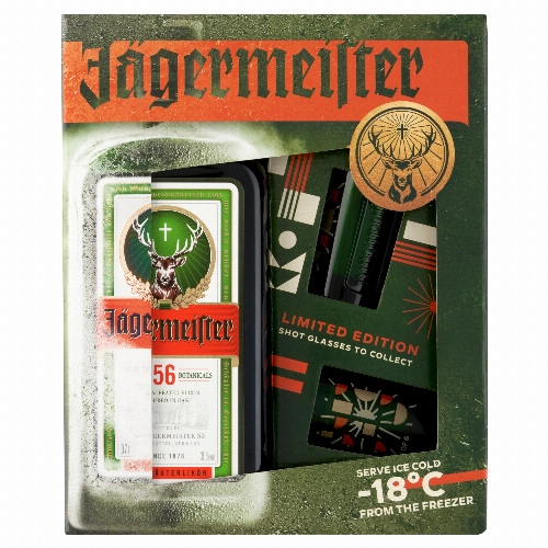 Jägermeister gyógynövénylikőr díszdobozban 2 db gyűjthető shot pohárral 35% 0,7 l